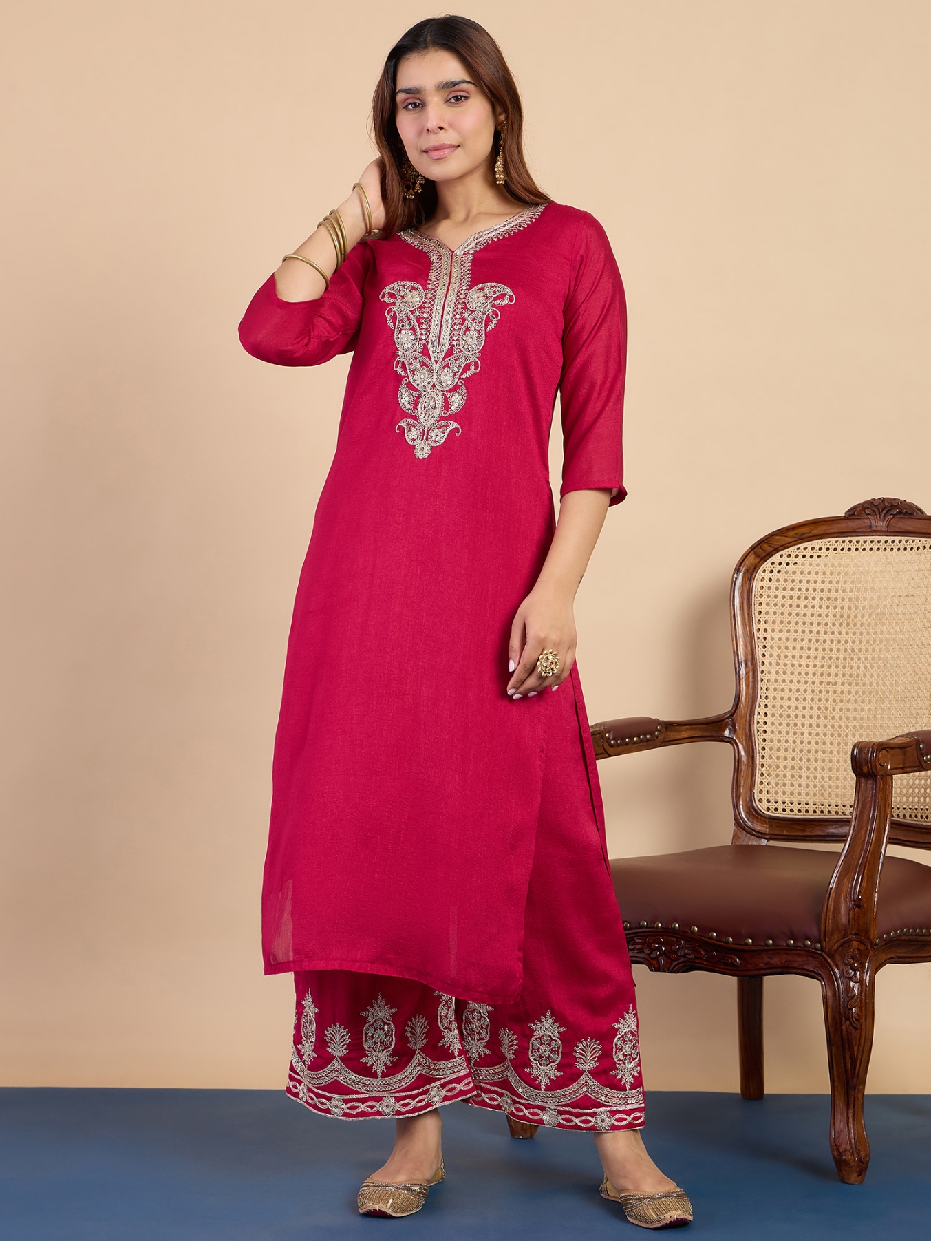 Pink Embroidered Silk Blend Straight Suit