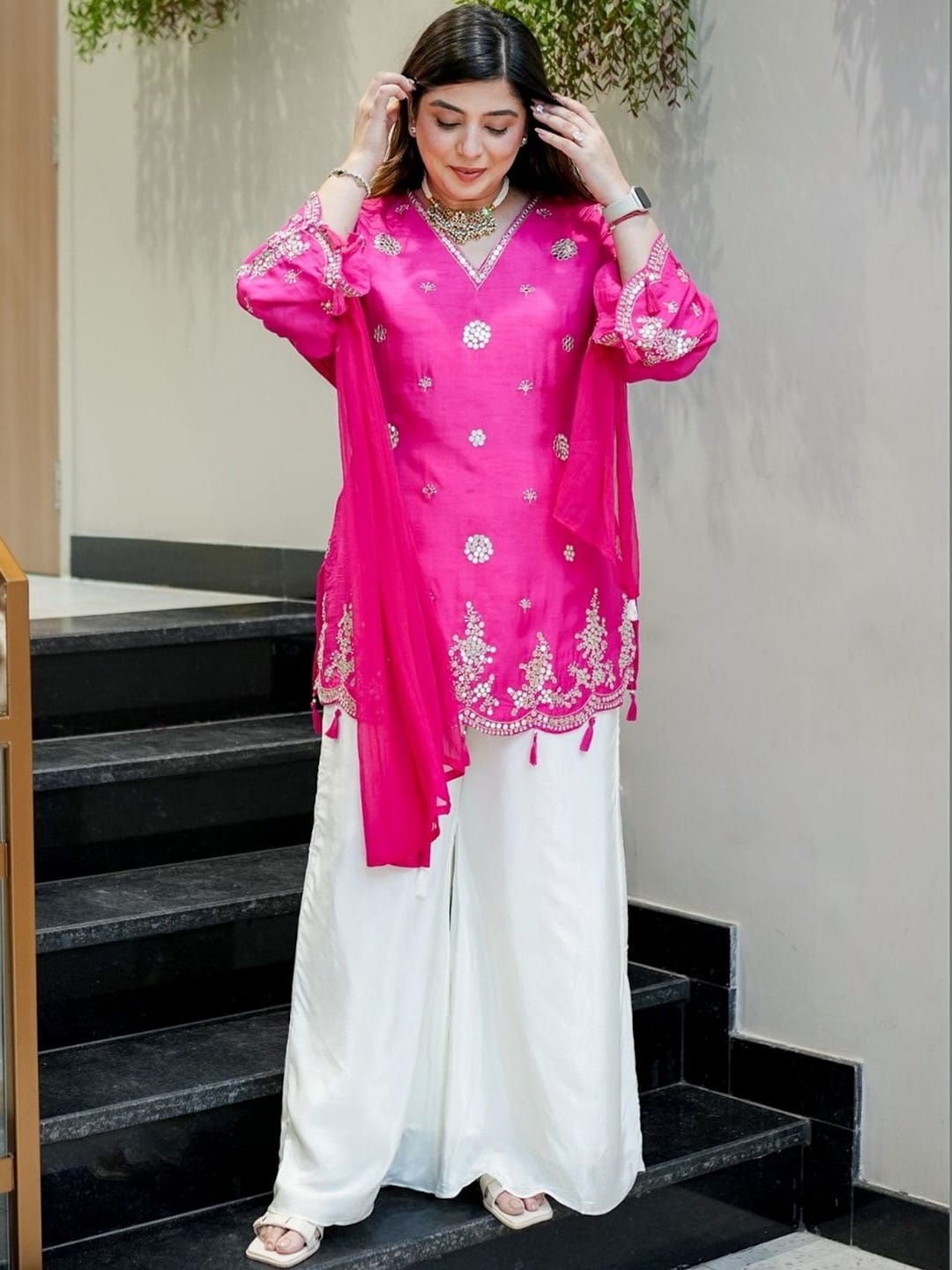 Pink Embroidered Silk Indo-Western Co-ord Set — alternate view