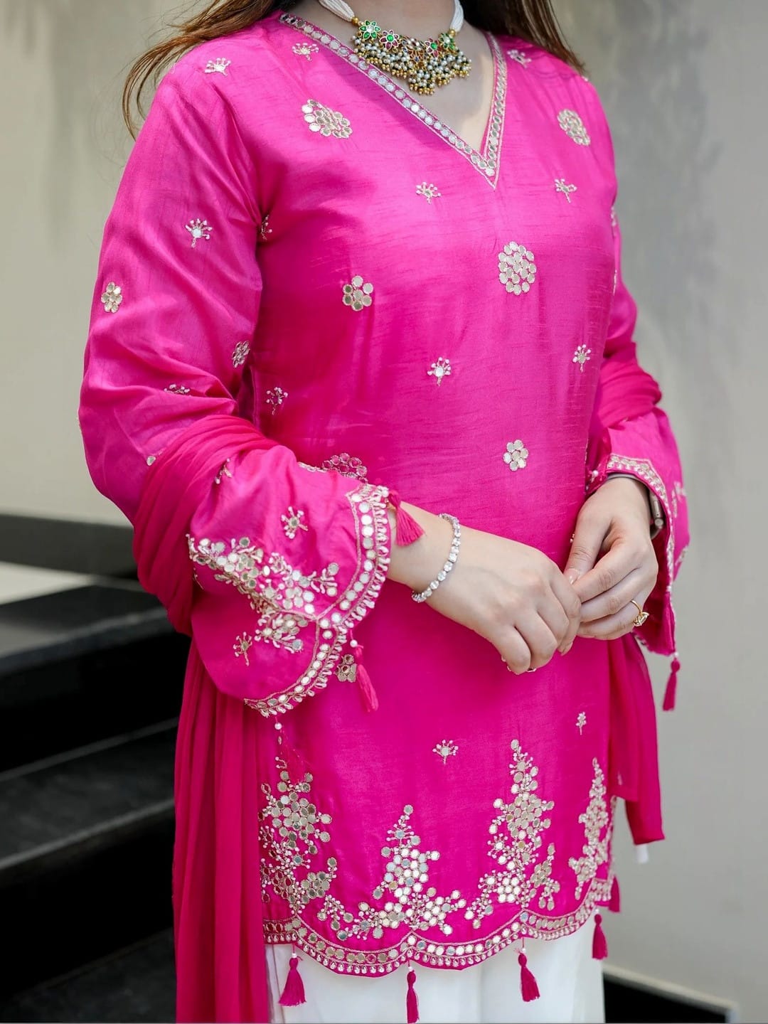 Pink Embroidered Silk Indo-Western Co-ord Set