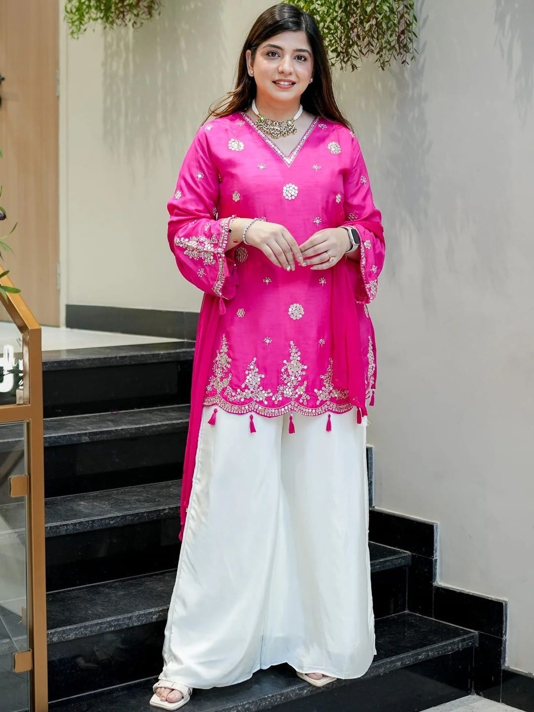 Pink Embroidered Silk Indo-Western Co-ord Set