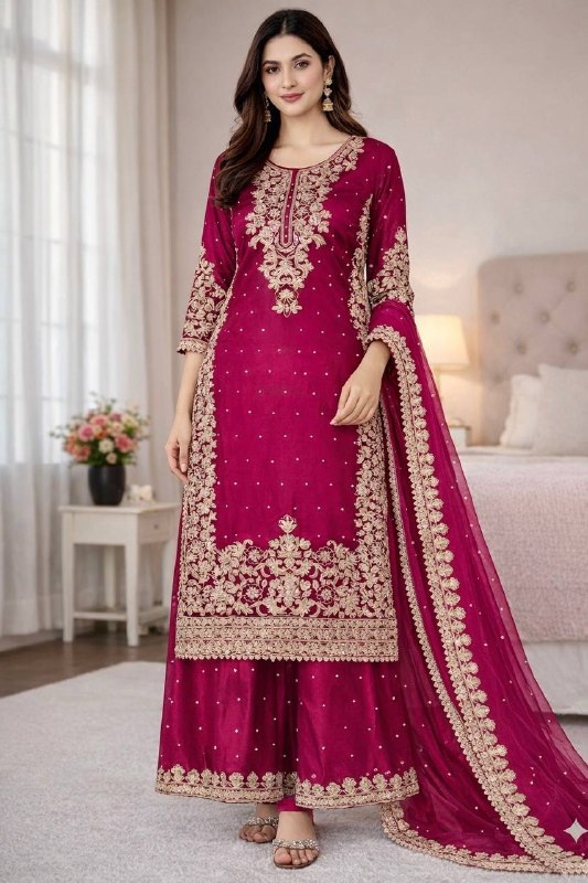 Pink Embroidered Silk Palazzo Suit