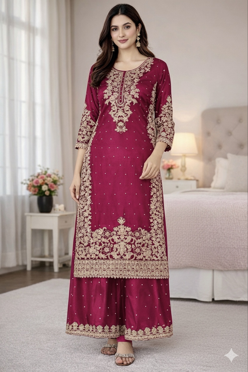 Pink Embroidered Silk Palazzo Suit — alternate view