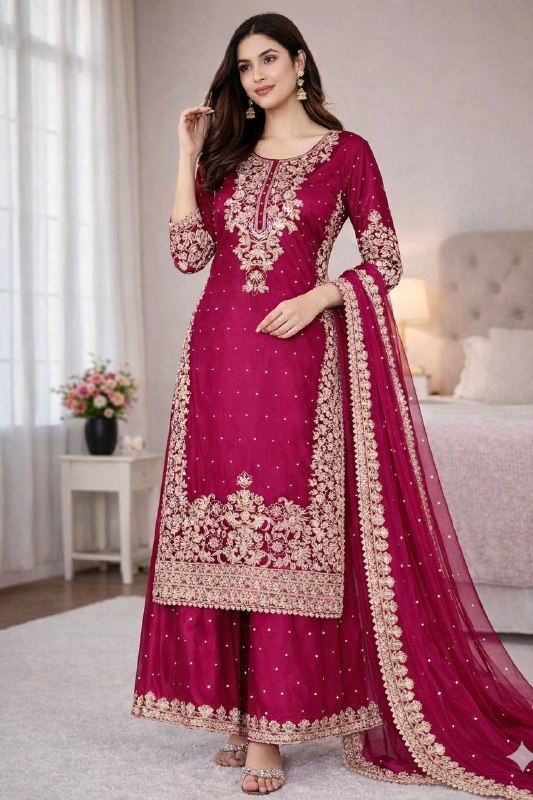 Pink Embroidered Silk Palazzo Suit
