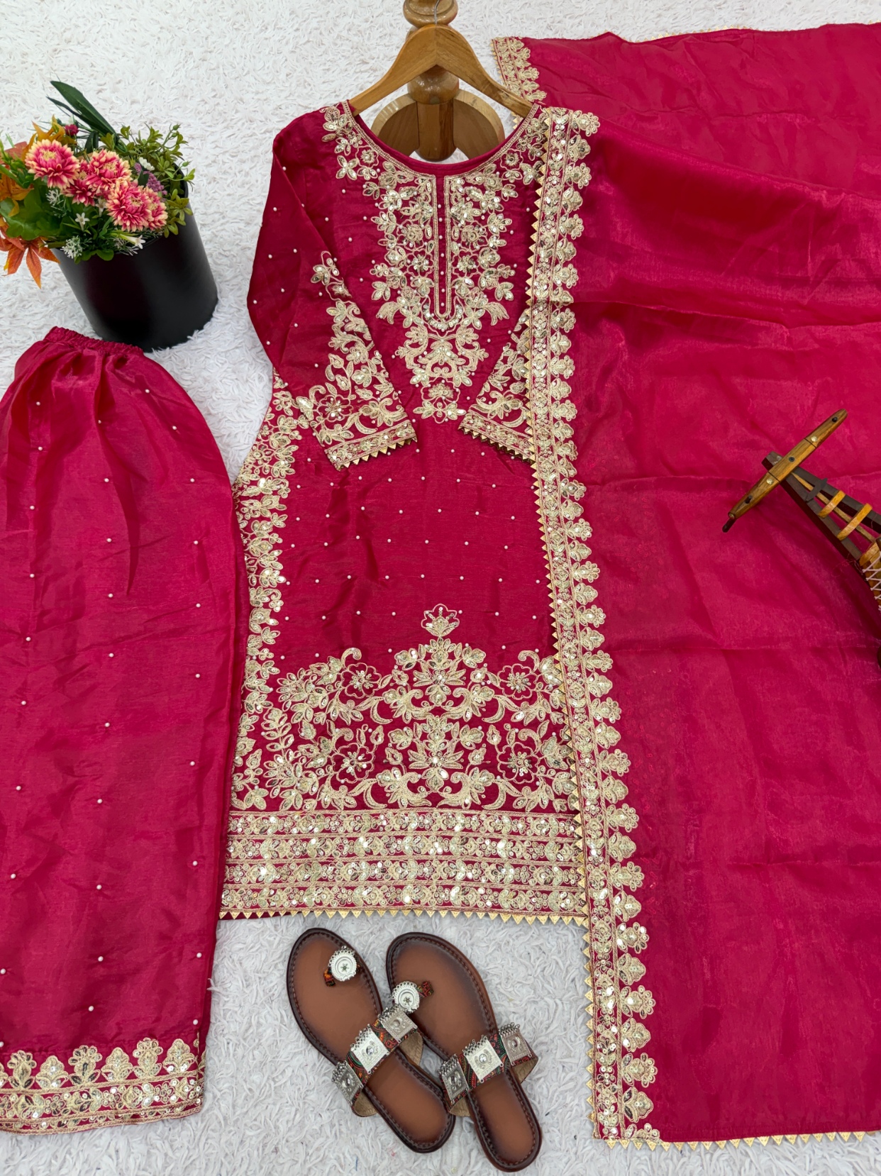 Pink Embroidered Silk Palazzo Suit