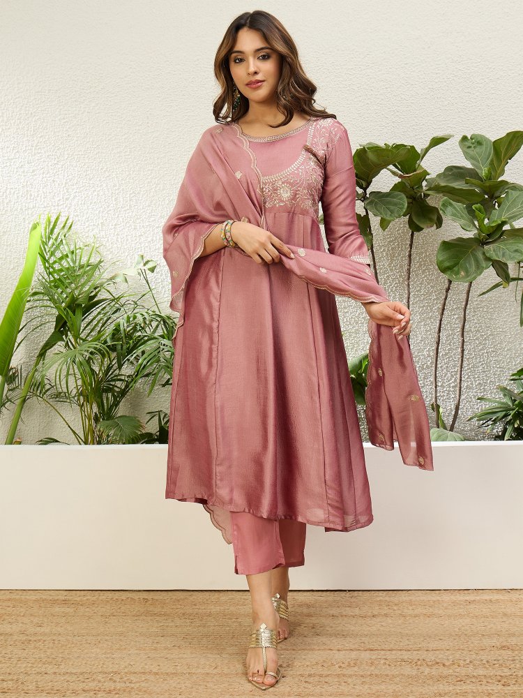 Pink Embroidered Vichitra Anarkali Suit