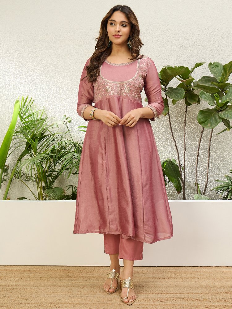 Pink Embroidered Vichitra Anarkali Suit