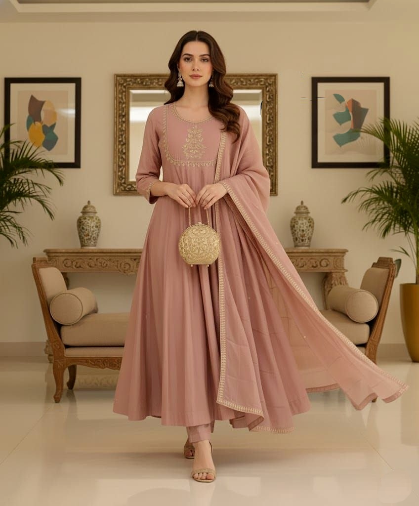Pink Embroidered Vichitra Silk Anarkali Suit