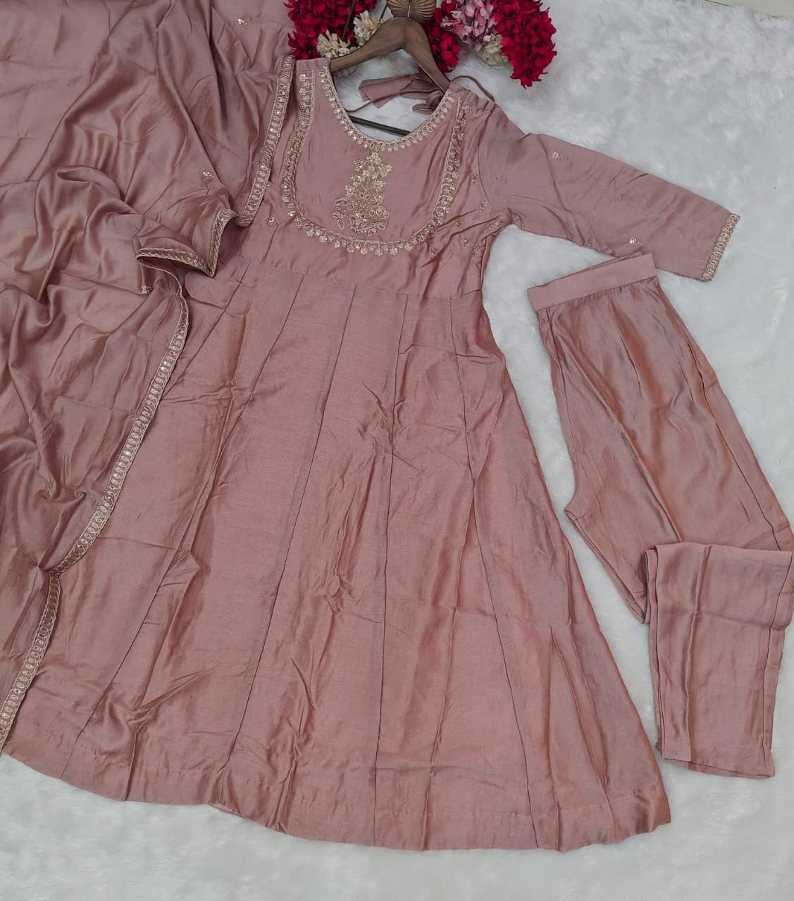 Pink Embroidered Vichitra Silk Anarkali Suit