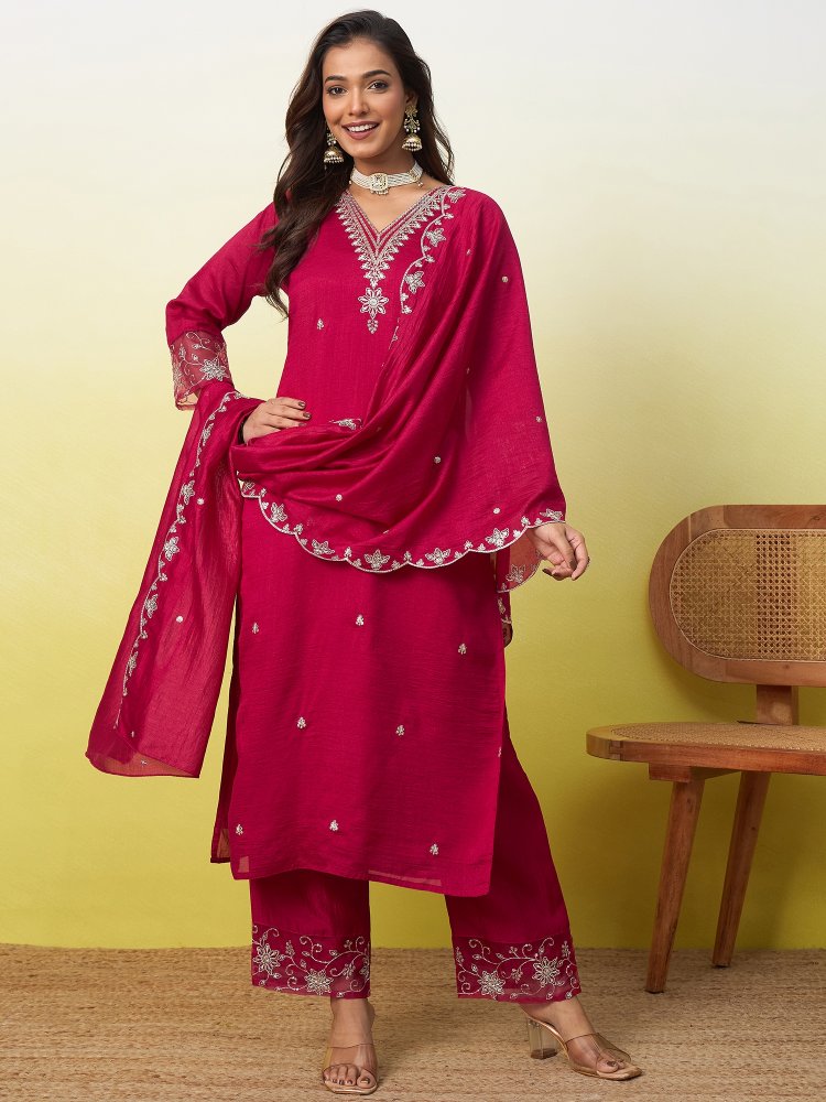 Pink Embroidered Vichitra Straight Suit