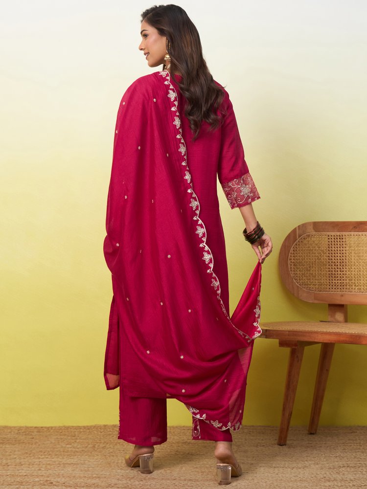 Pink Embroidered Vichitra Straight Suit — alternate view
