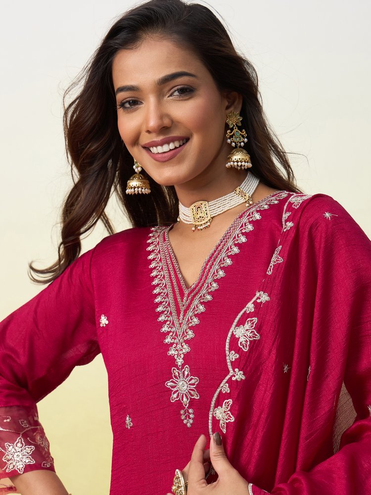 Pink Embroidered Vichitra Straight Suit