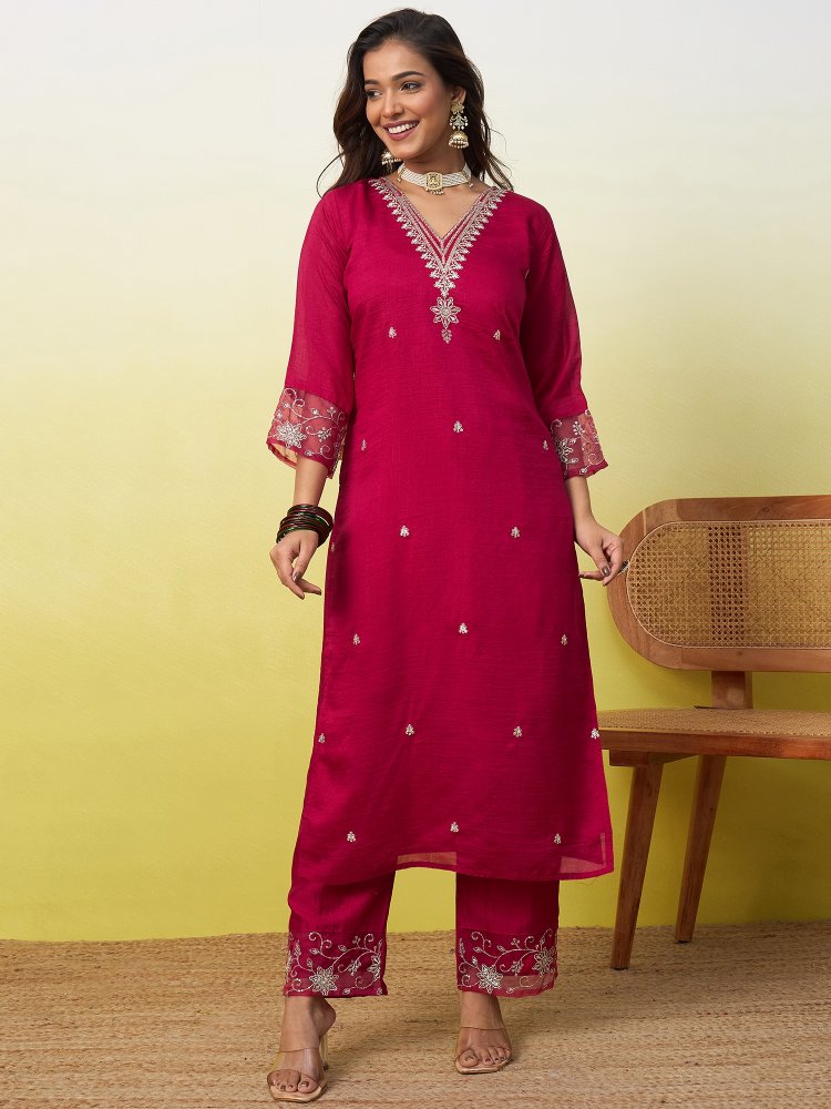 Pink Embroidered Vichitra Straight Suit