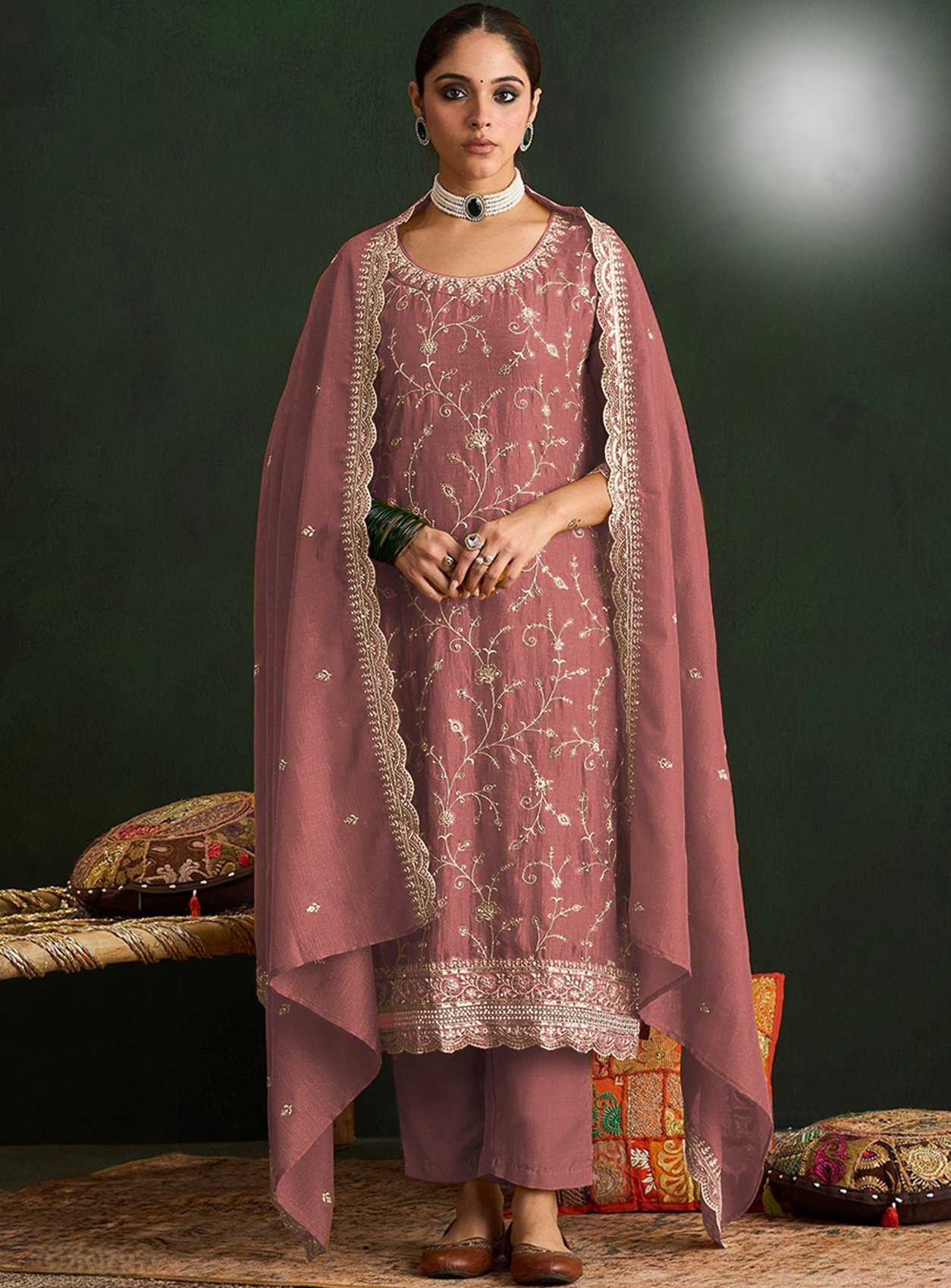 Pink Embroidered Vichitra Straight Suit