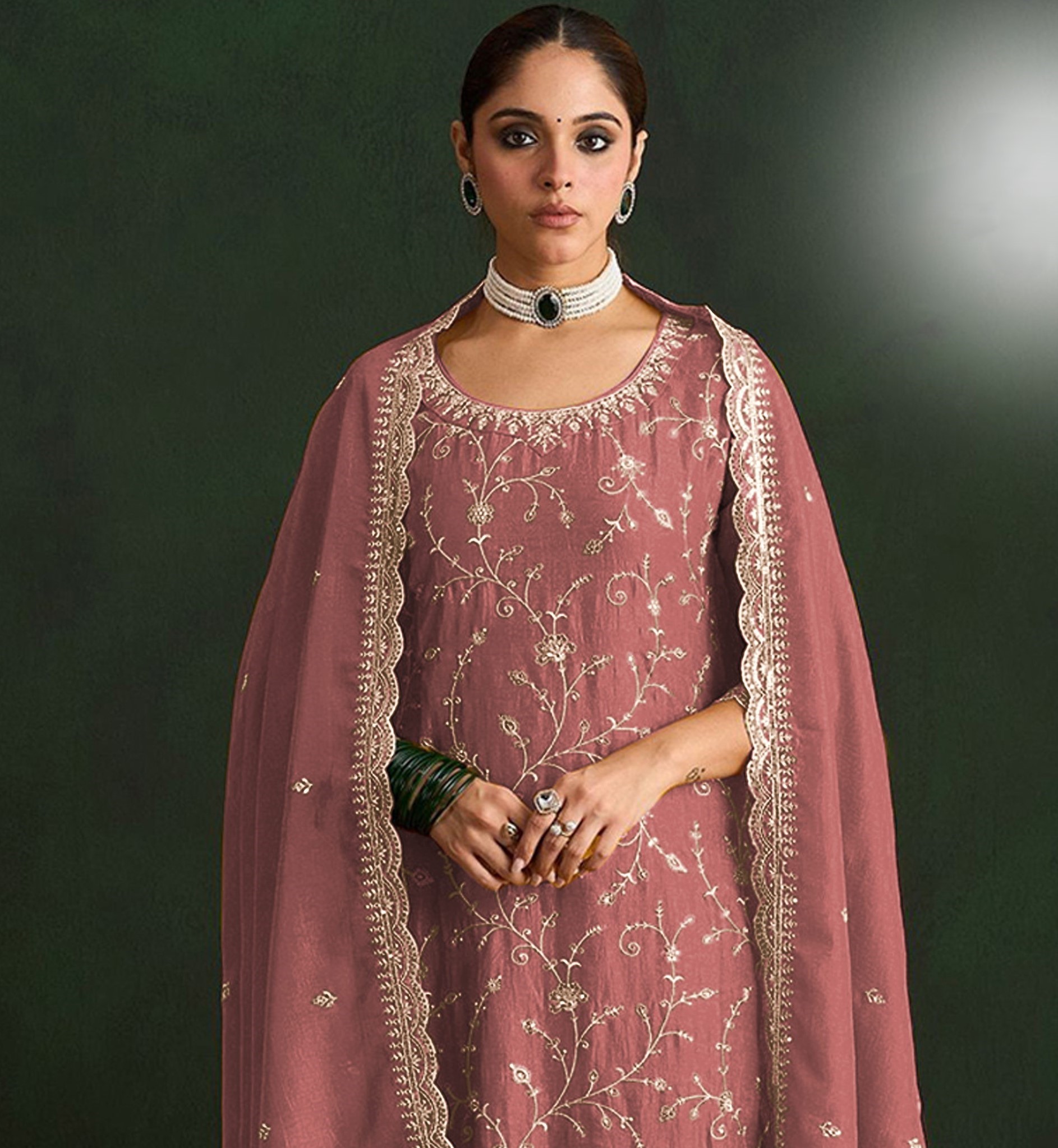 Pink Embroidered Vichitra Straight Suit — alternate view