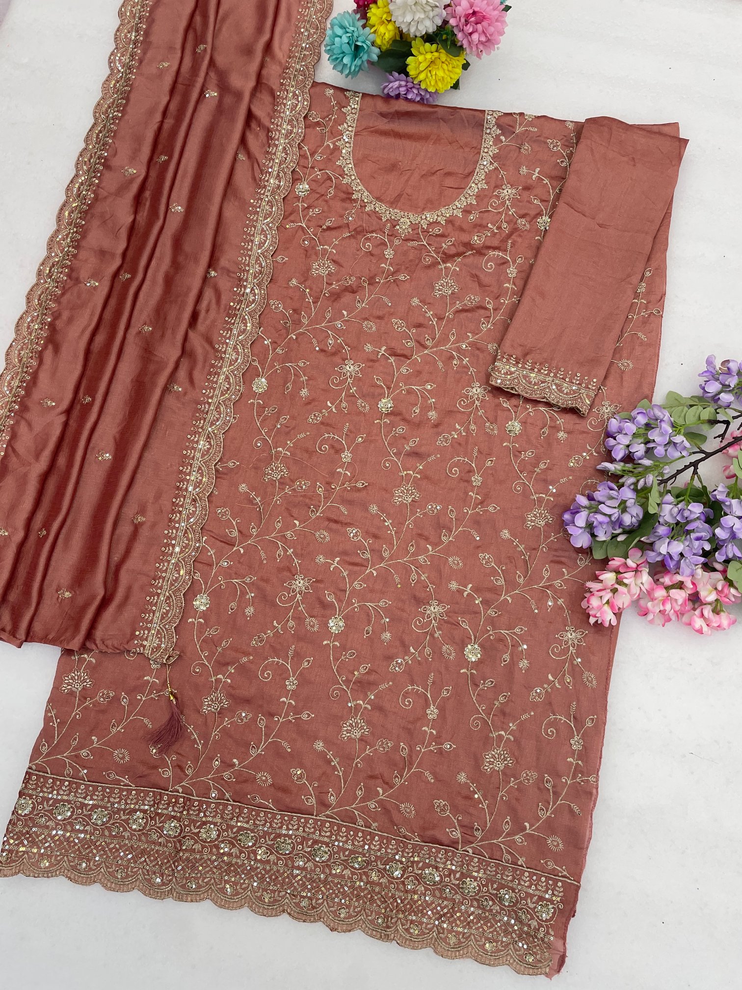 Pink Embroidered Vichitra Straight Suit