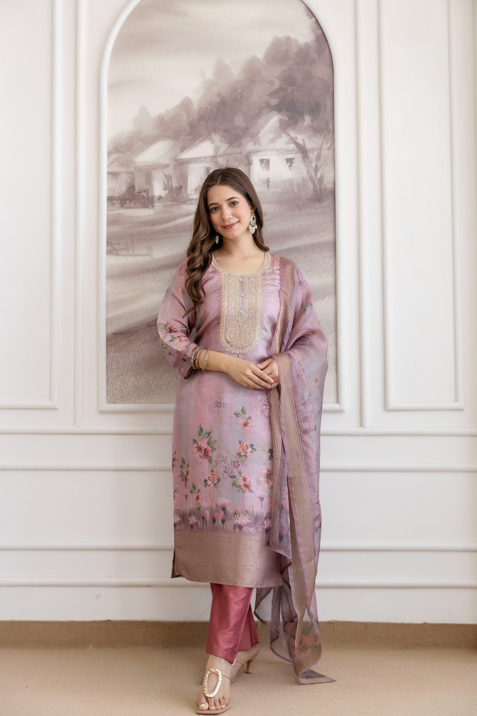 Pink Embroidered Viscose Jacquard Kurta Set