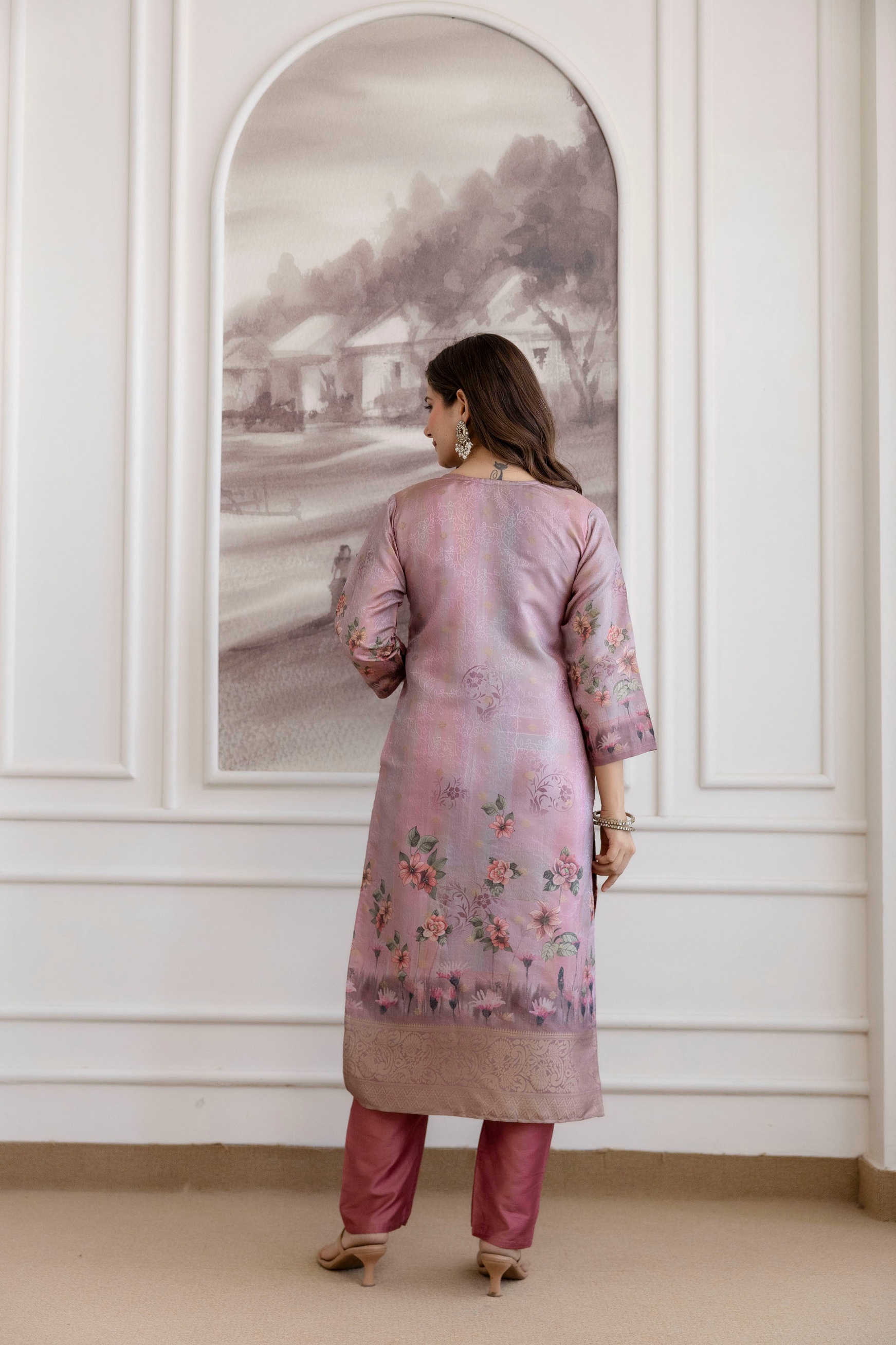 Pink Embroidered Viscose Jacquard Kurta Set — alternate view