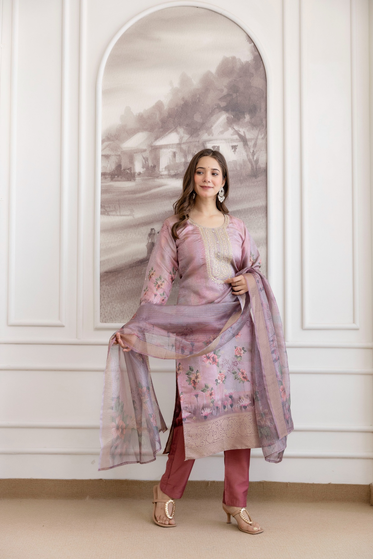 Pink Embroidered Viscose Jacquard Kurta Set