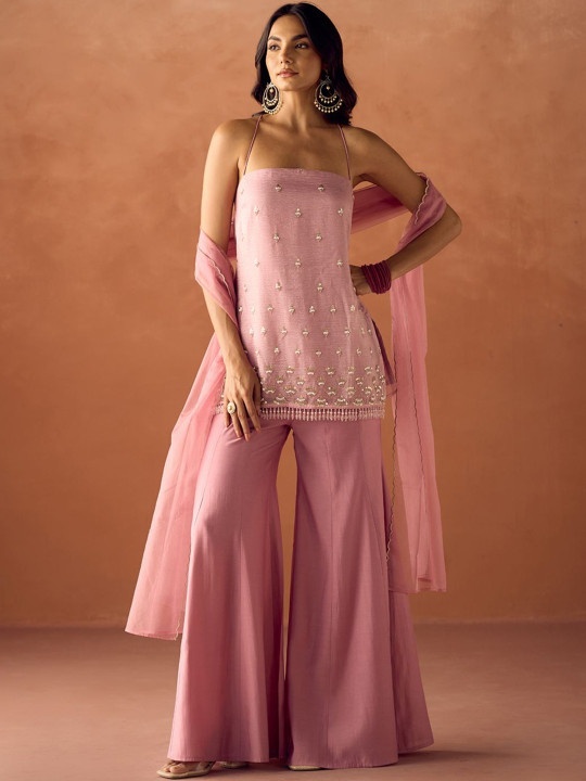 Pink Embroidered Viscose Organza Kurta Set