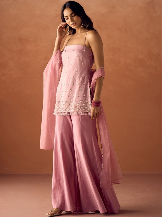 Pink Embroidered Viscose Organza Kurta Set
