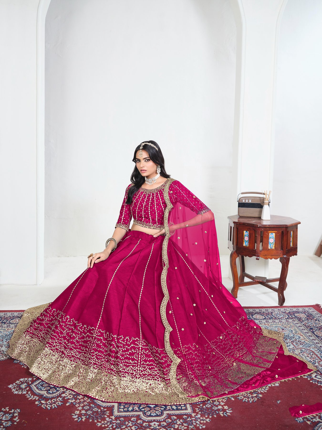 Pink Embroidery Art Silk Bridal Lehenga