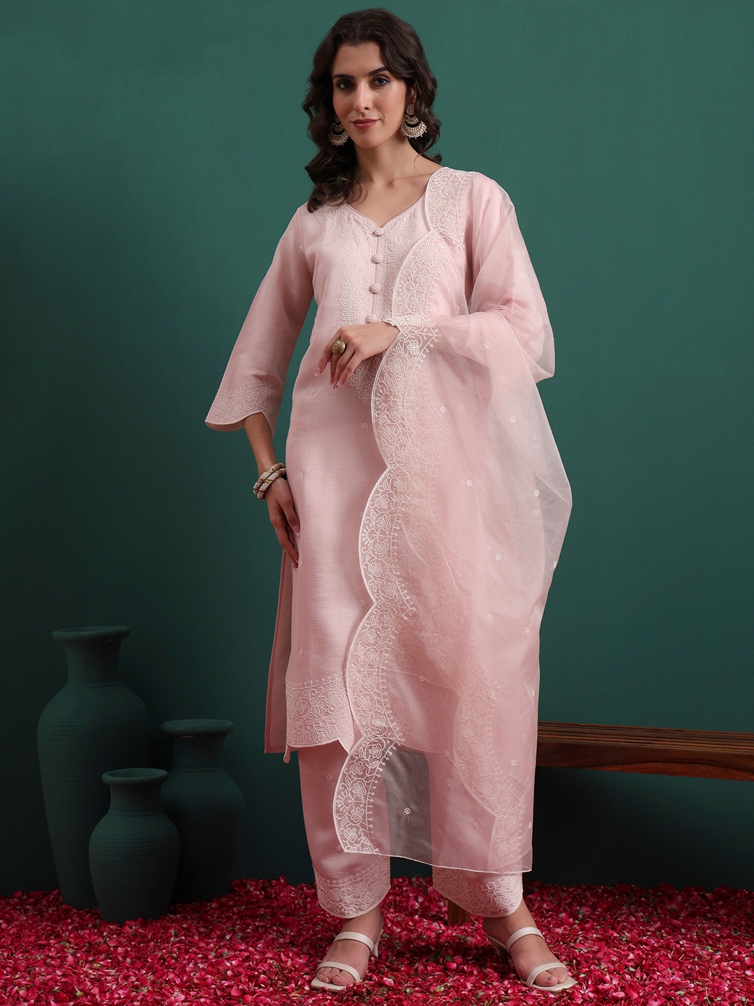 Pink Embroidery Silk Blend Straight Suit