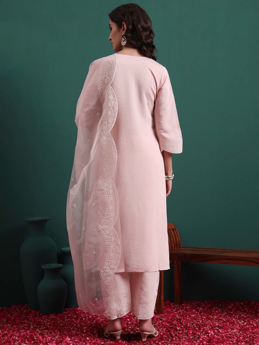 Pink Embroidery Silk Blend Straight Suit — alternate view