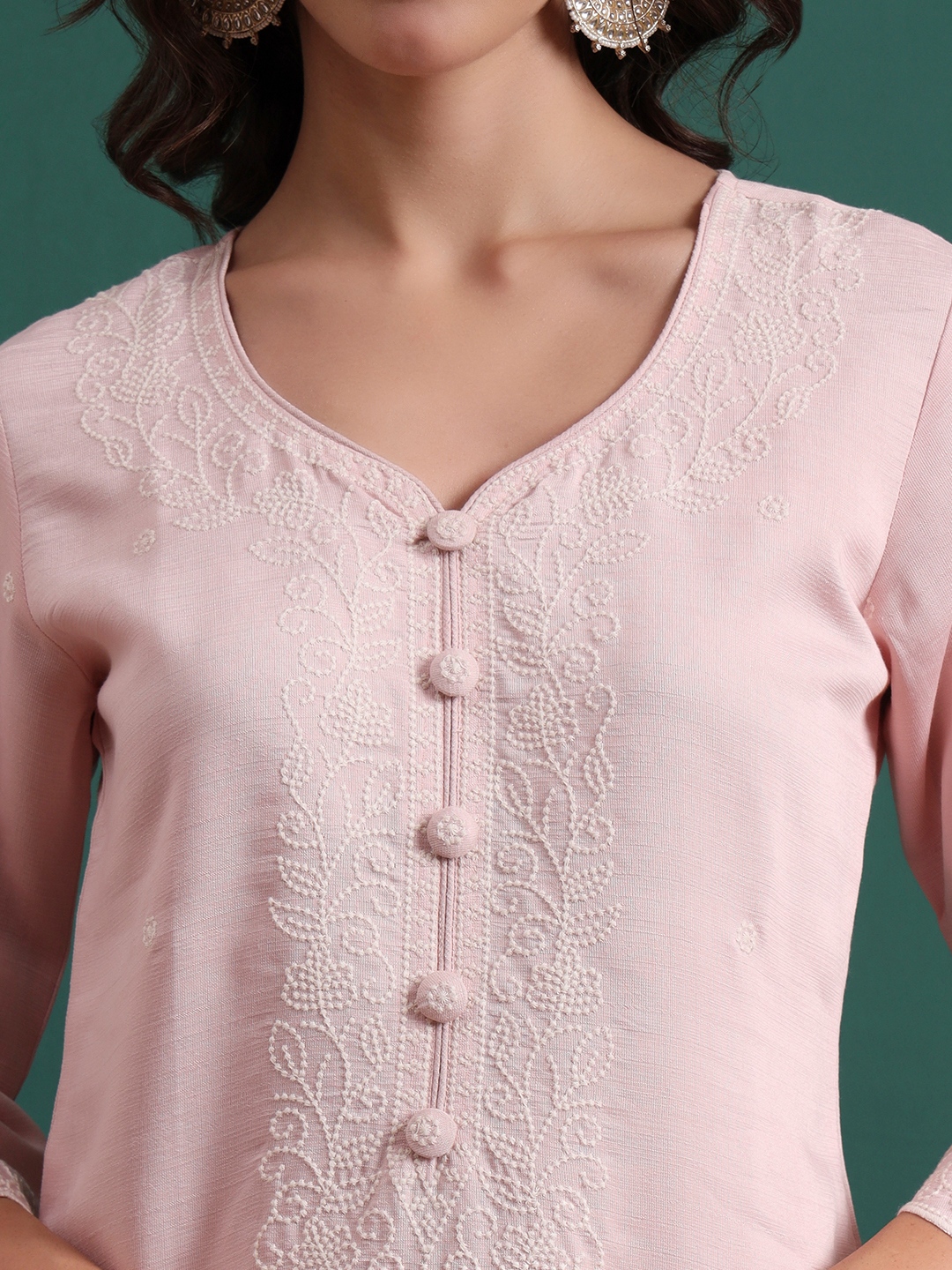 Pink Embroidery Silk Blend Straight Suit