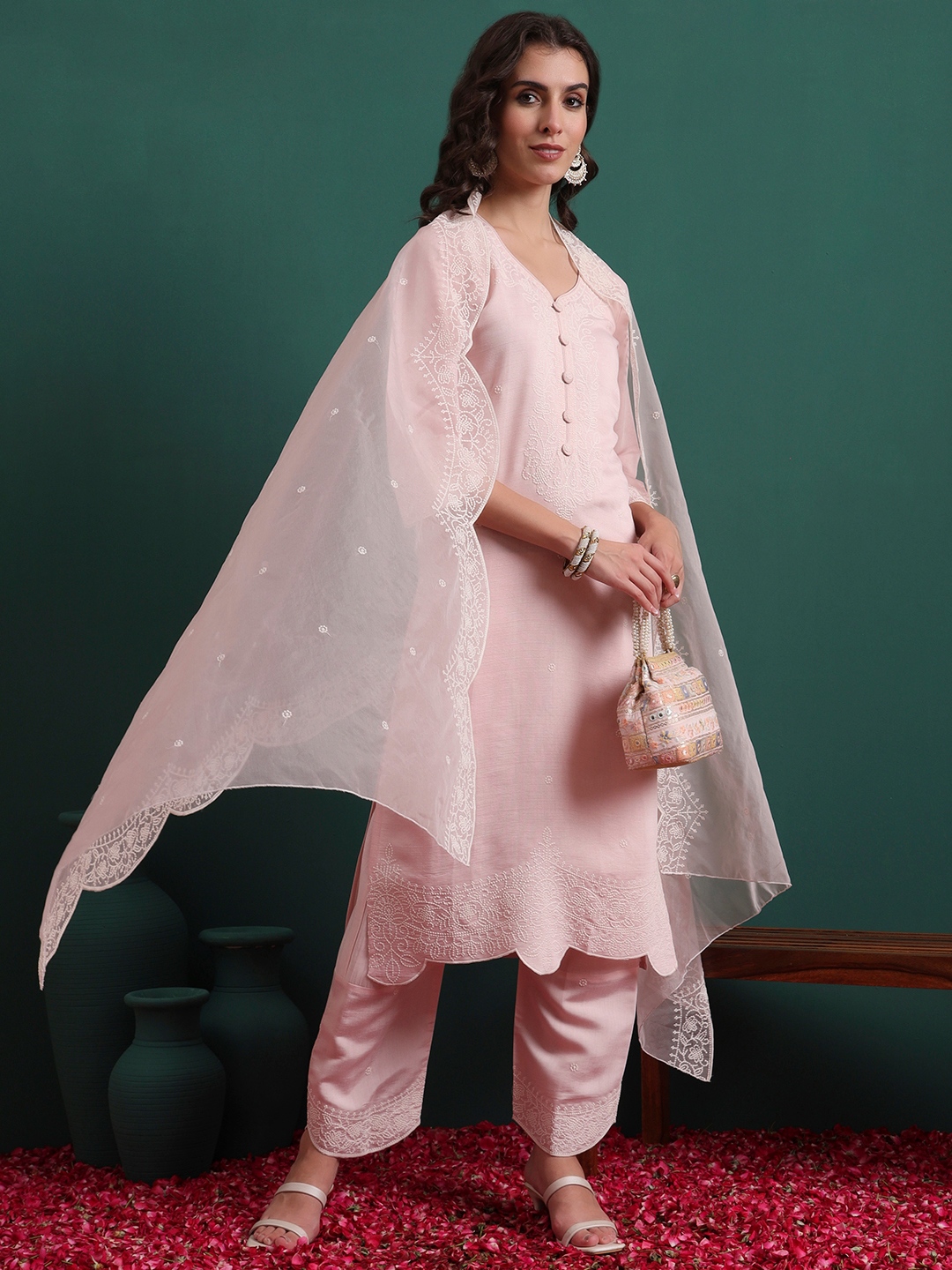 Pink Embroidery Silk Blend Straight Suit
