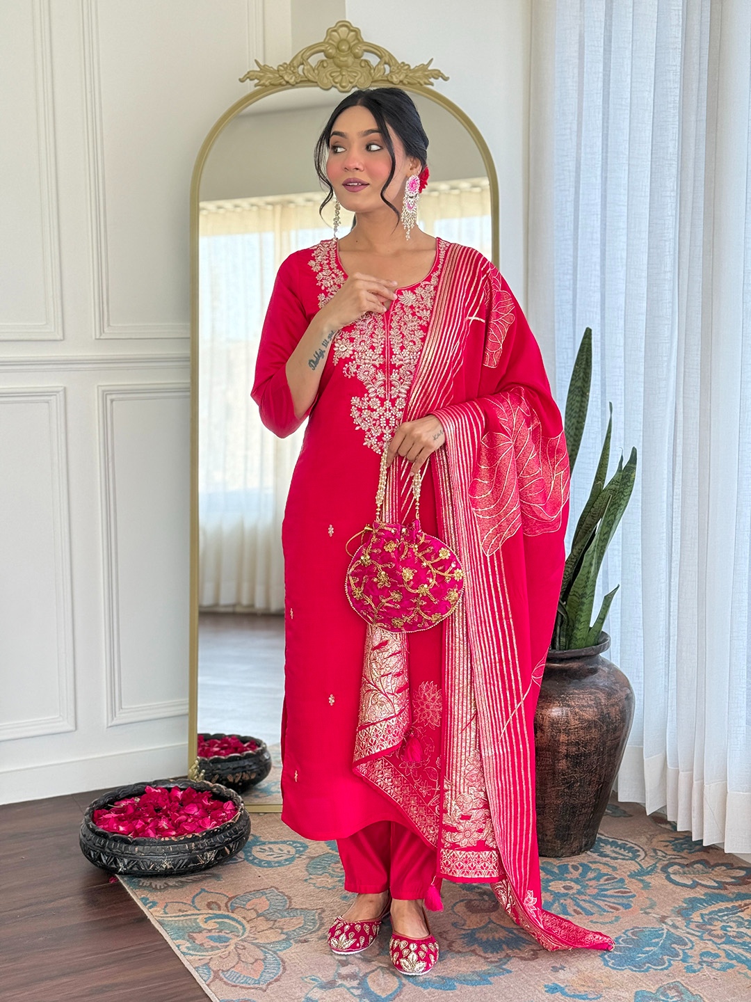 Pink Embroidery Work Roman Silk Salwar Suit