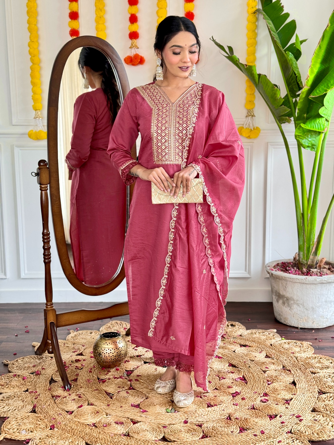 Pink Embroidery Work Viscose Chanderi Salwar Suit