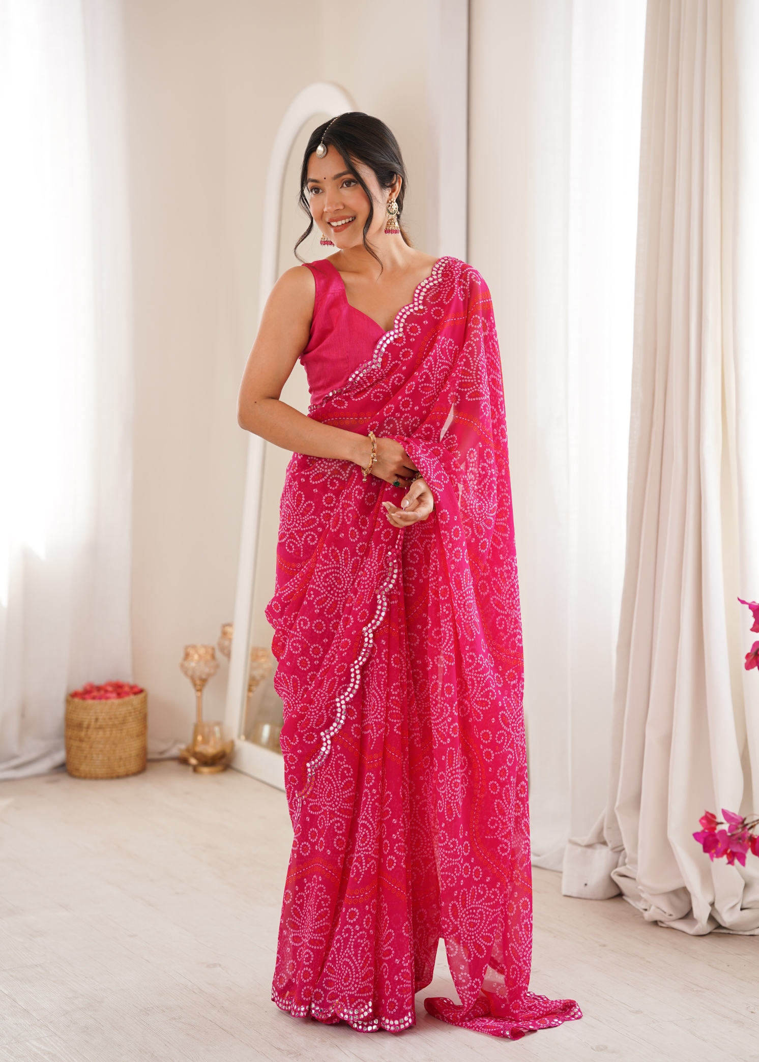 Pink Ethnic Motif Bandhani Georgette Saree