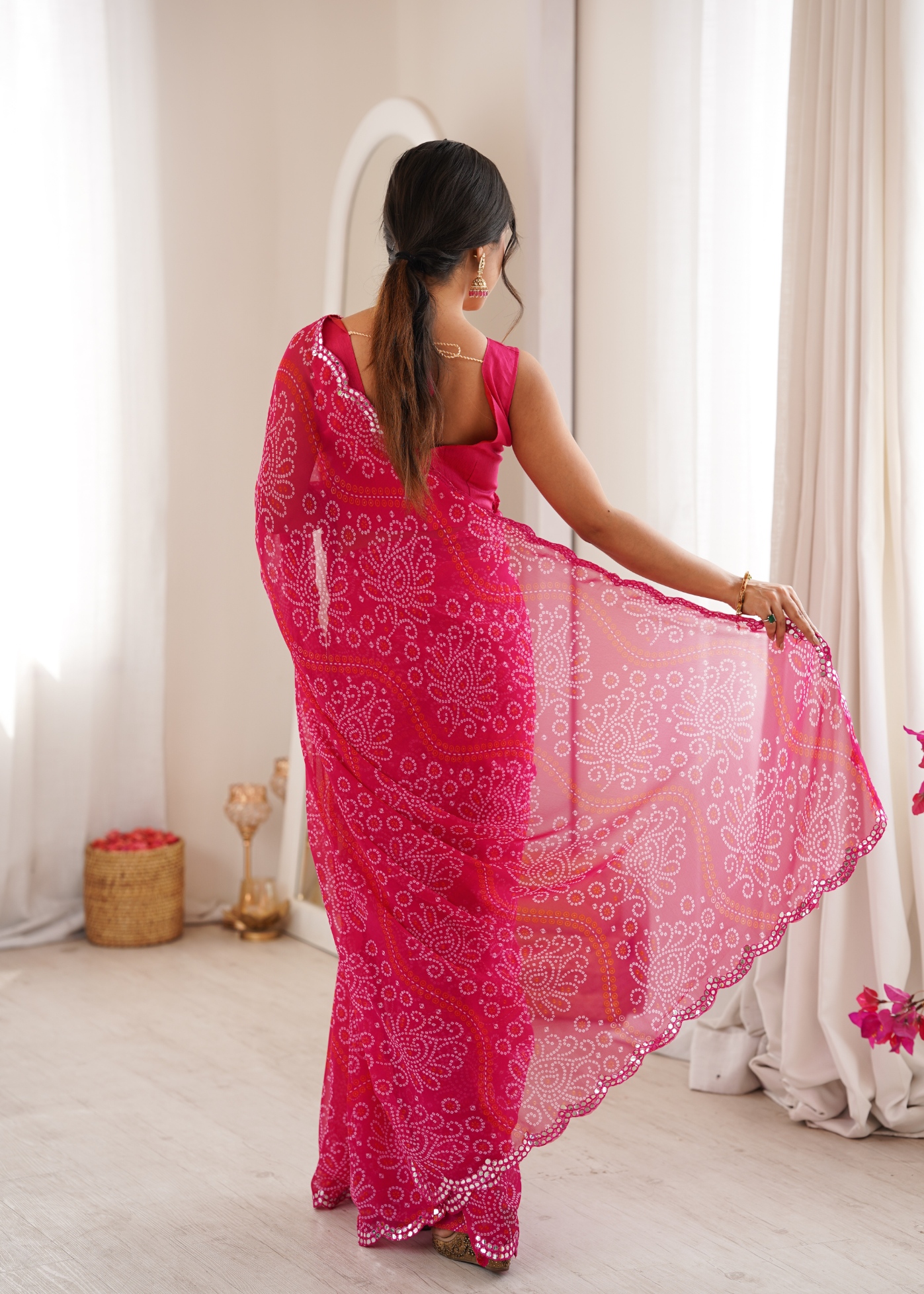 Pink Ethnic Motif Bandhani Georgette Saree — alternate view