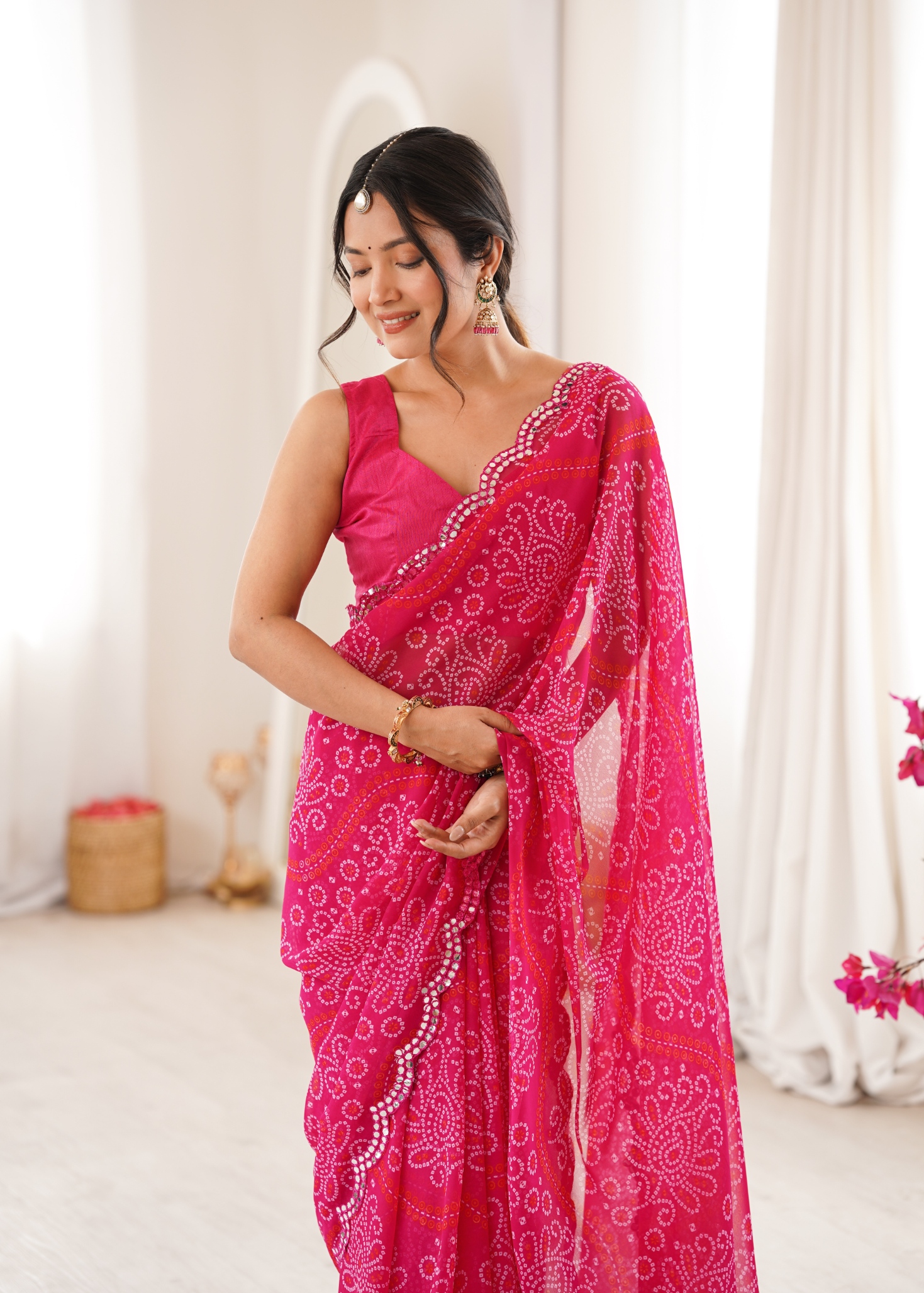 Pink Ethnic Motif Bandhani Georgette Saree