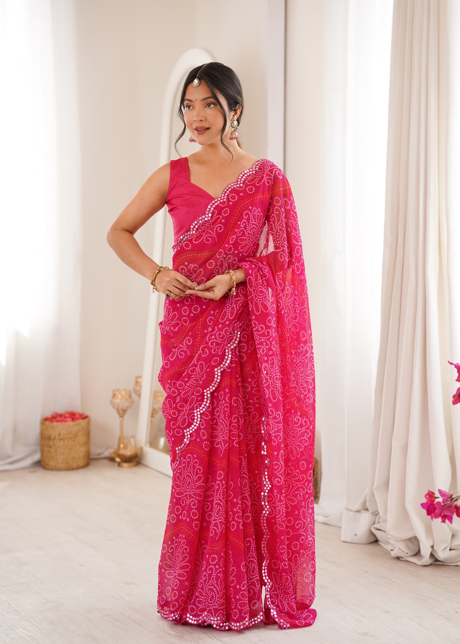 Pink Ethnic Motif Bandhani Georgette Saree
