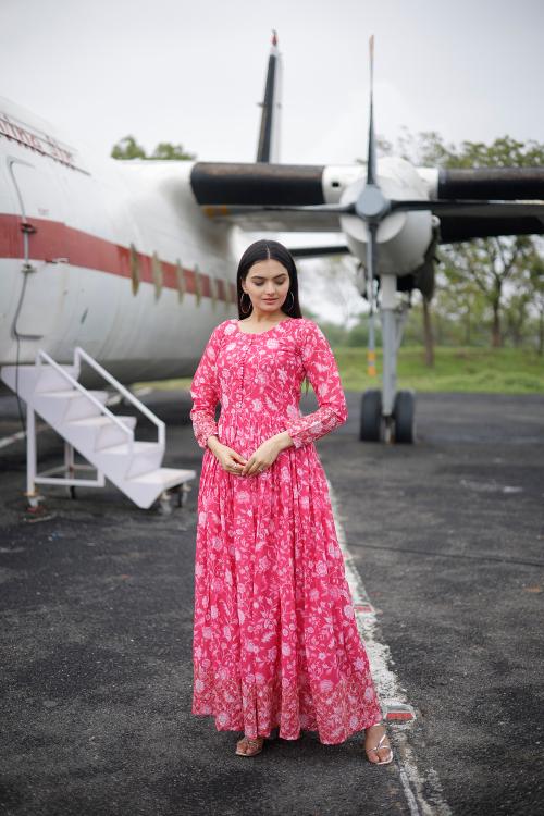 Pink Faux Georgette Printed Gown