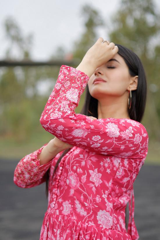 Pink Faux Georgette Printed Gown