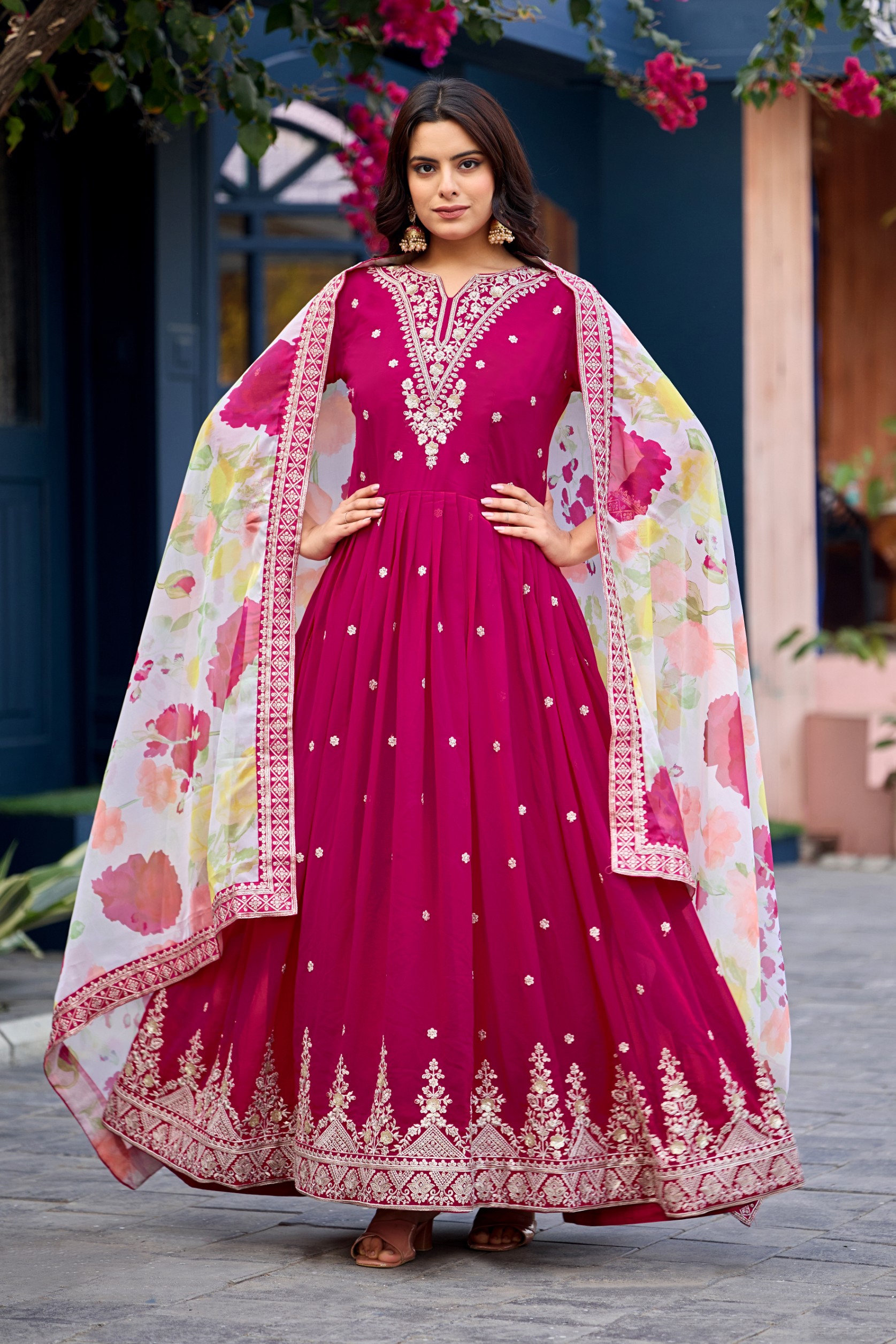 Pink Faux Georgette Sequin Thread Work Gown