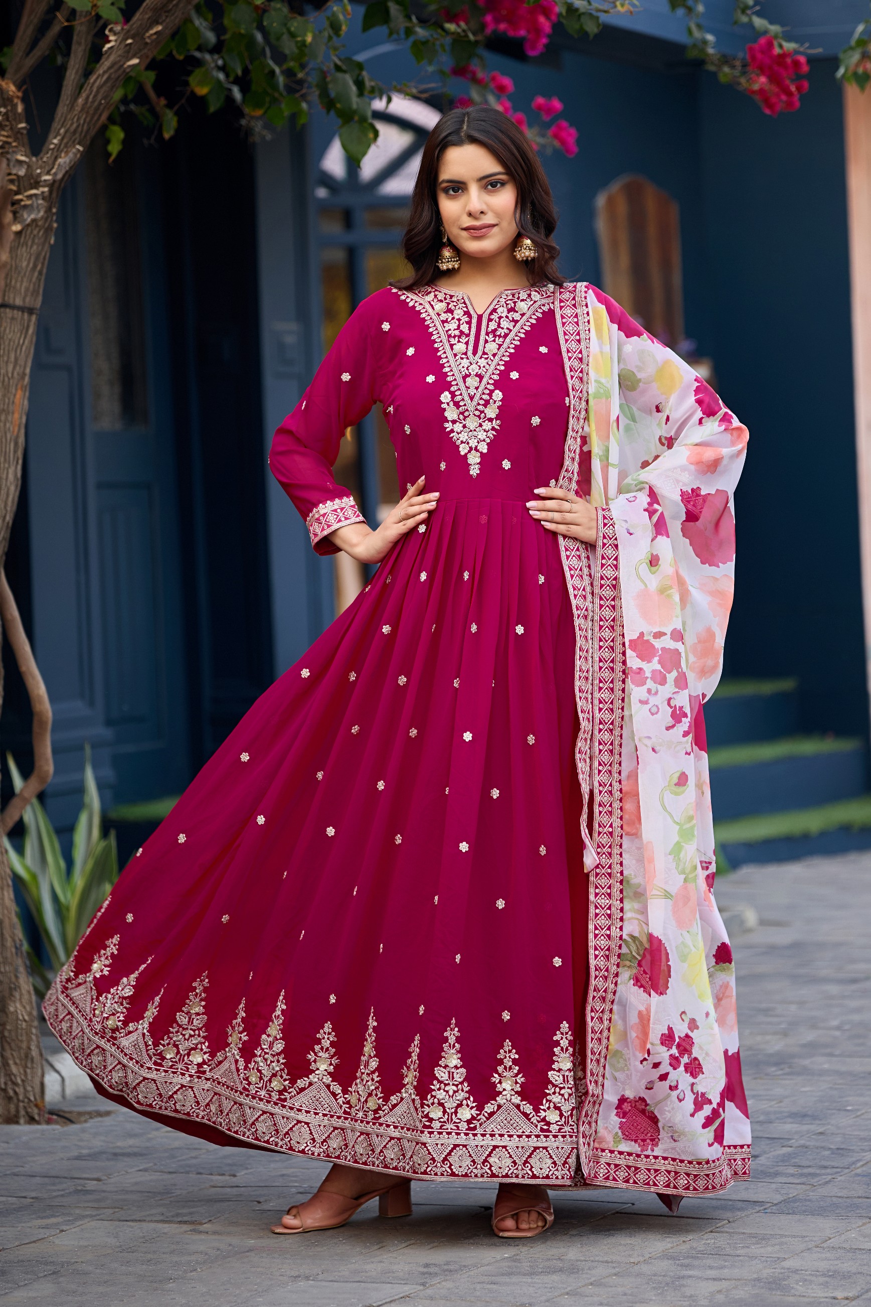 Pink Faux Georgette Sequin Thread Work Gown