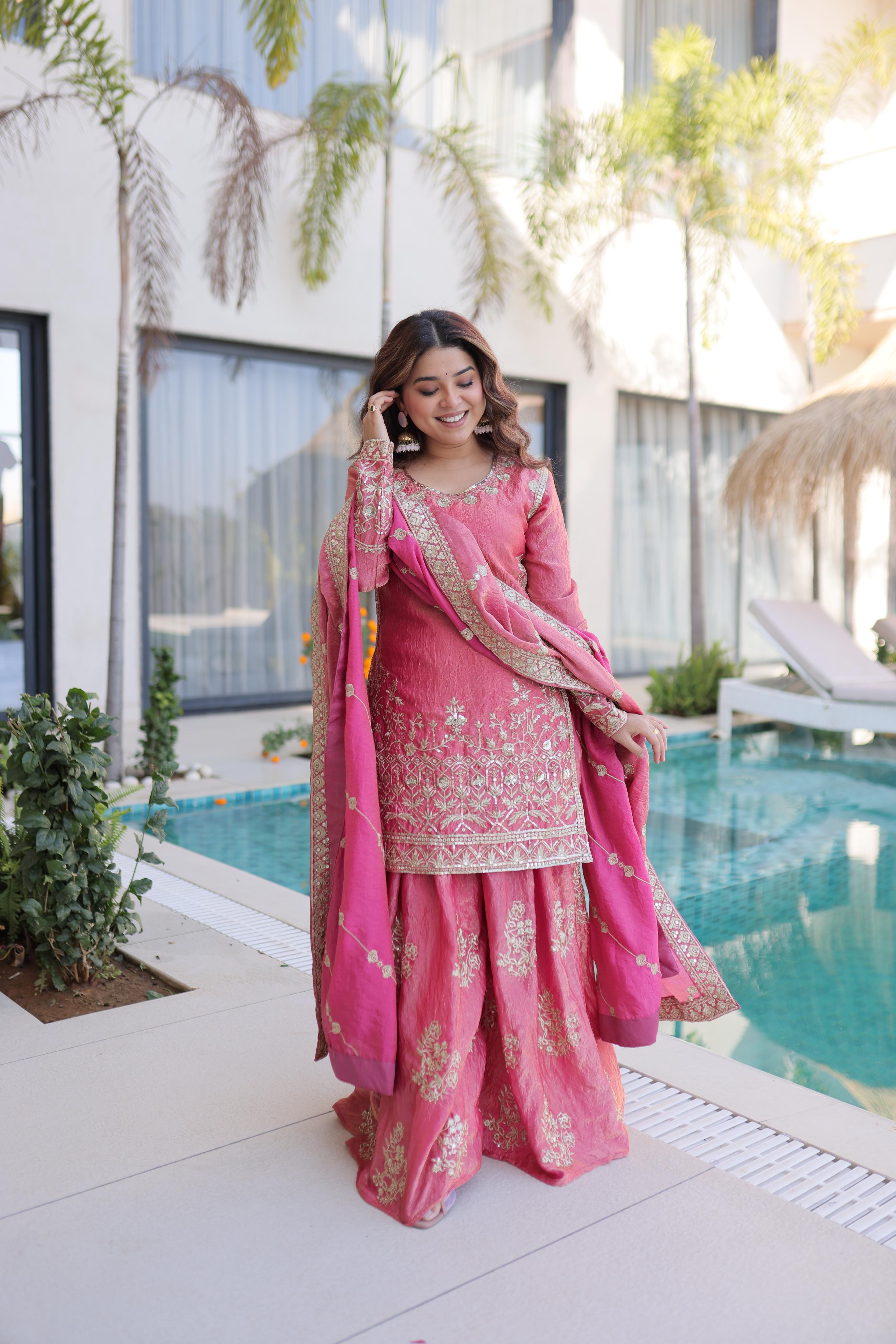 Pink Fendy Crush Zari Sequins Embroidered Palazzo Suit