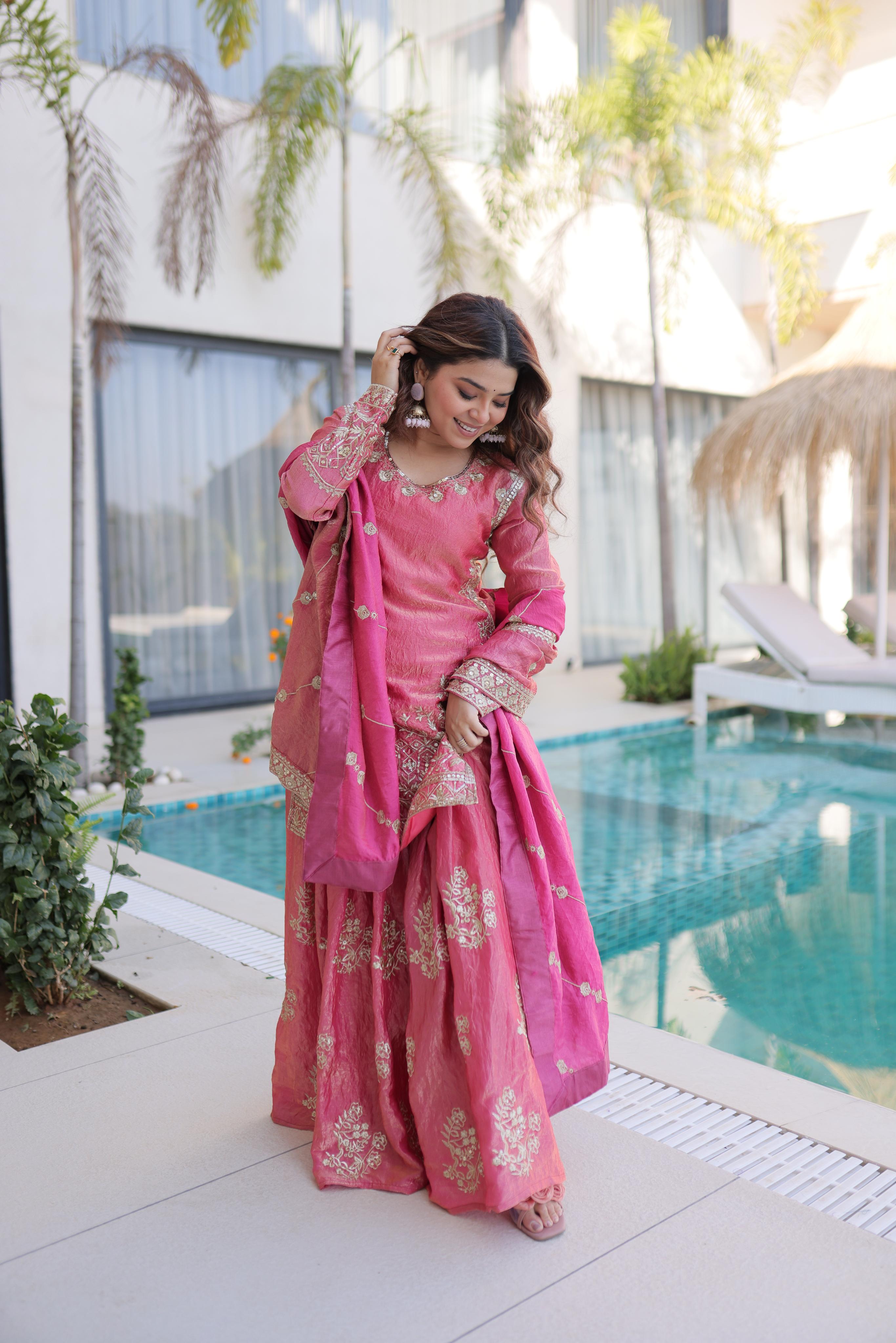 Pink Fendy Crush Zari Sequins Embroidered Palazzo Suit — alternate view