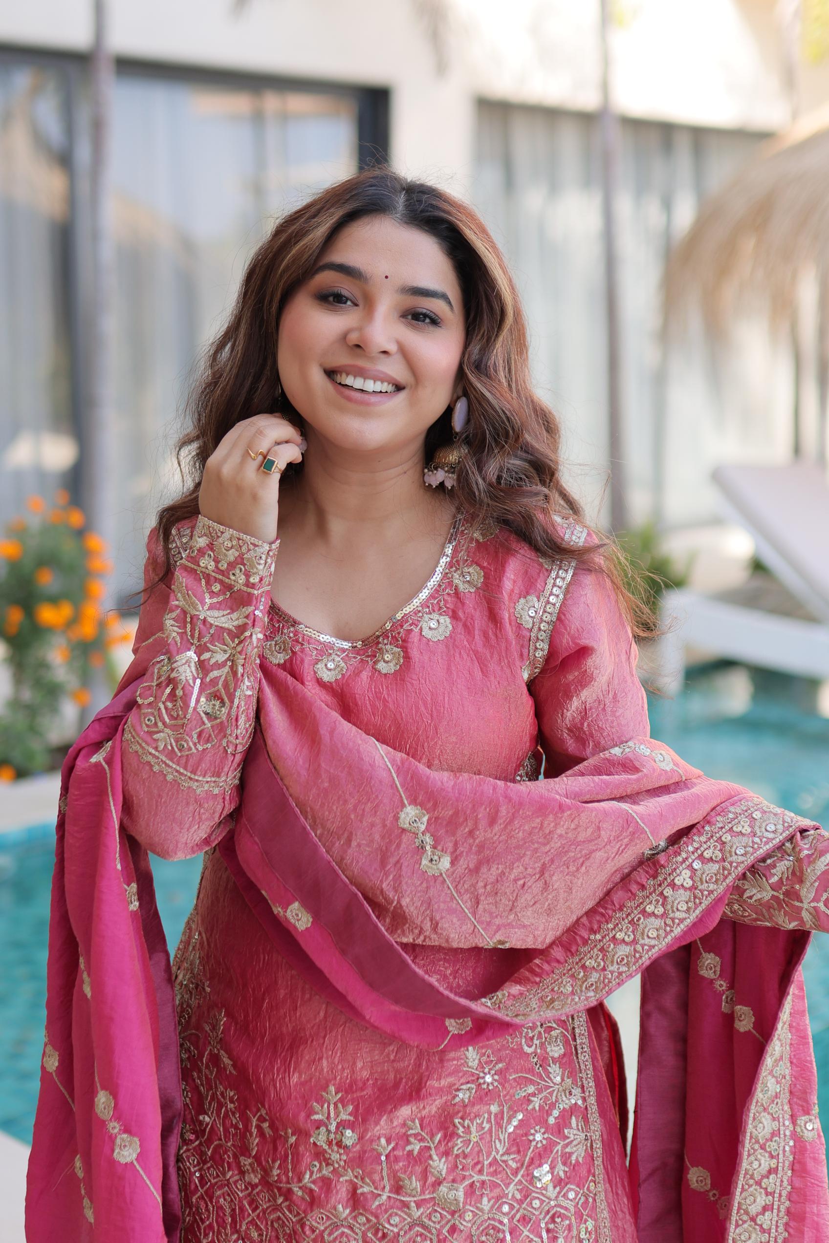 Pink Fendy Crush Zari Sequins Embroidered Palazzo Suit