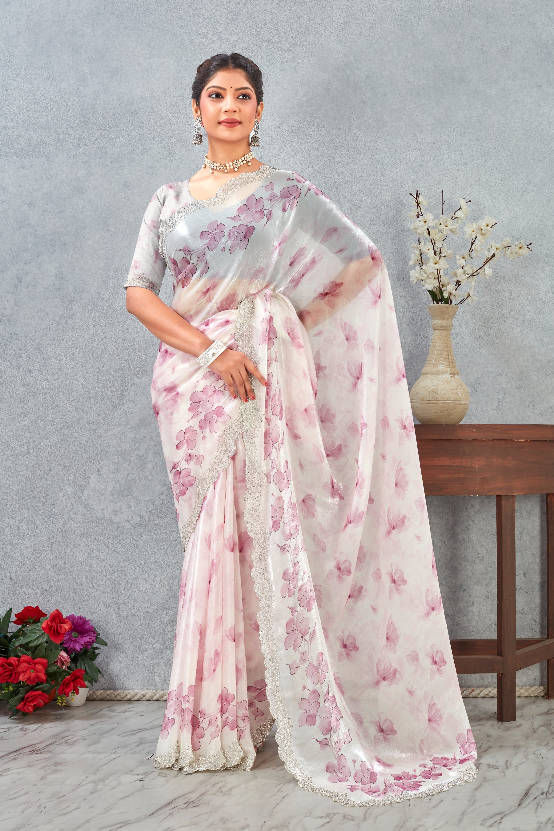Pink Fendy Satin Floral Zircon Border Saree