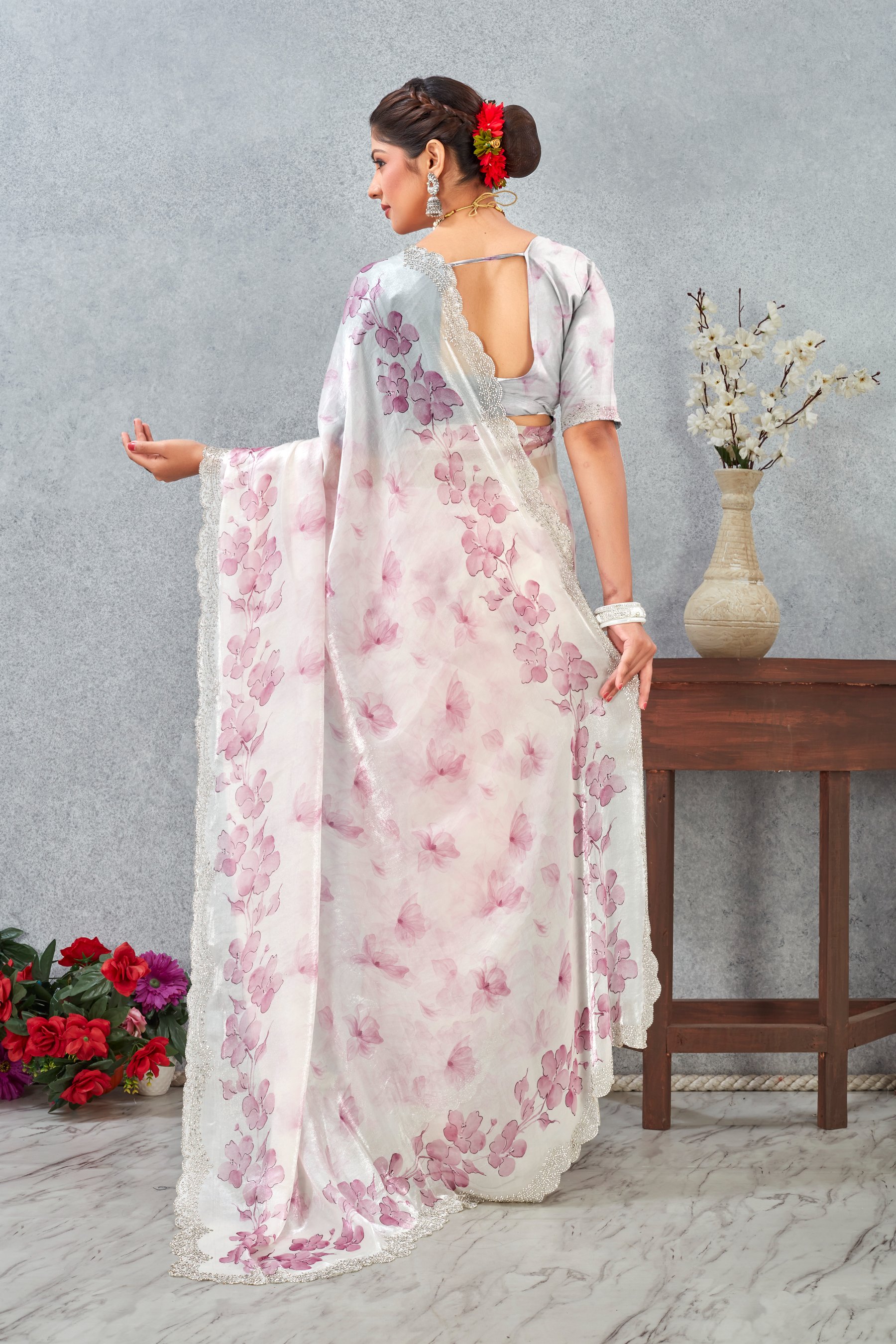 Pink Fendy Satin Floral Zircon Border Saree — alternate view