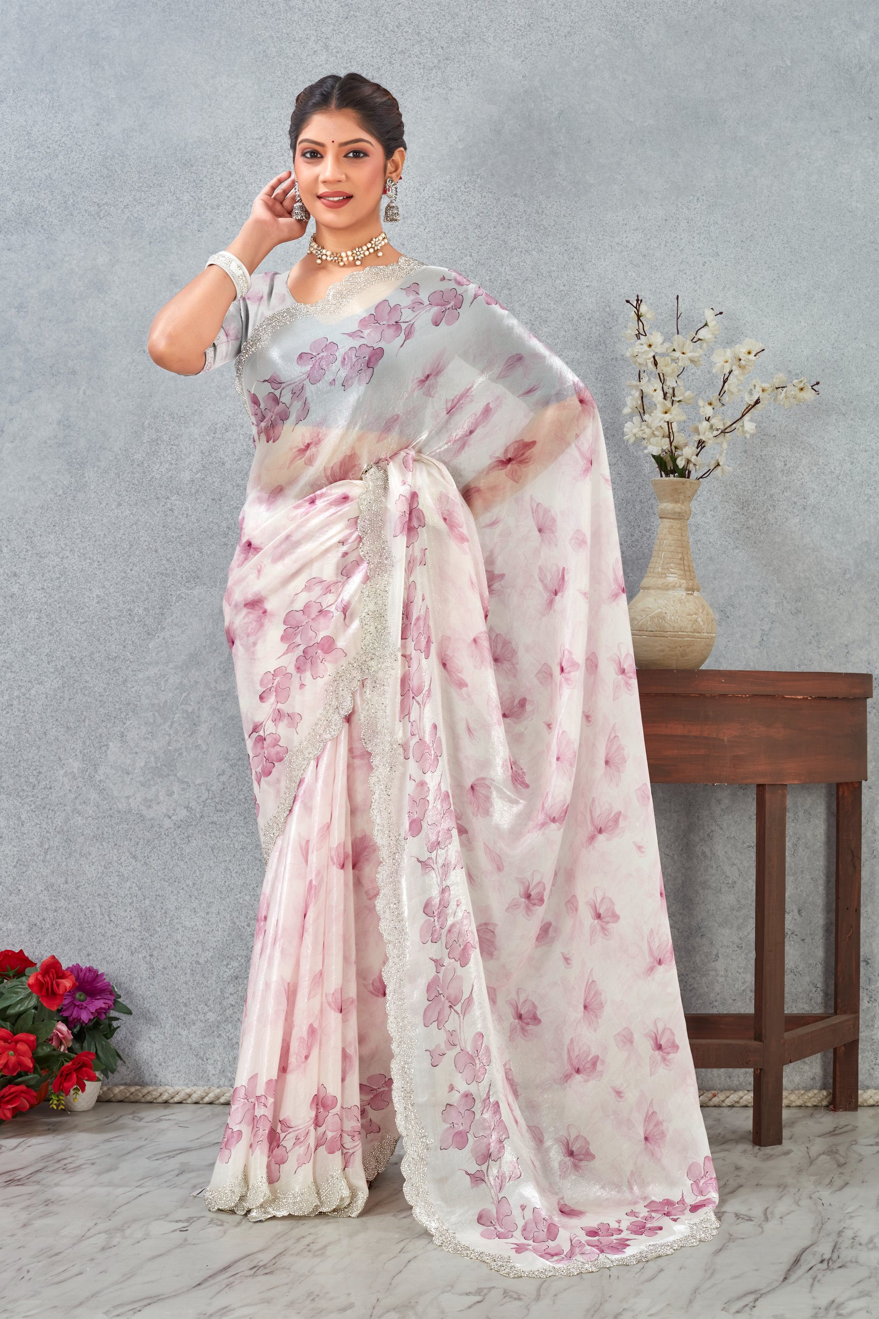 Pink Fendy Satin Floral Zircon Border Saree