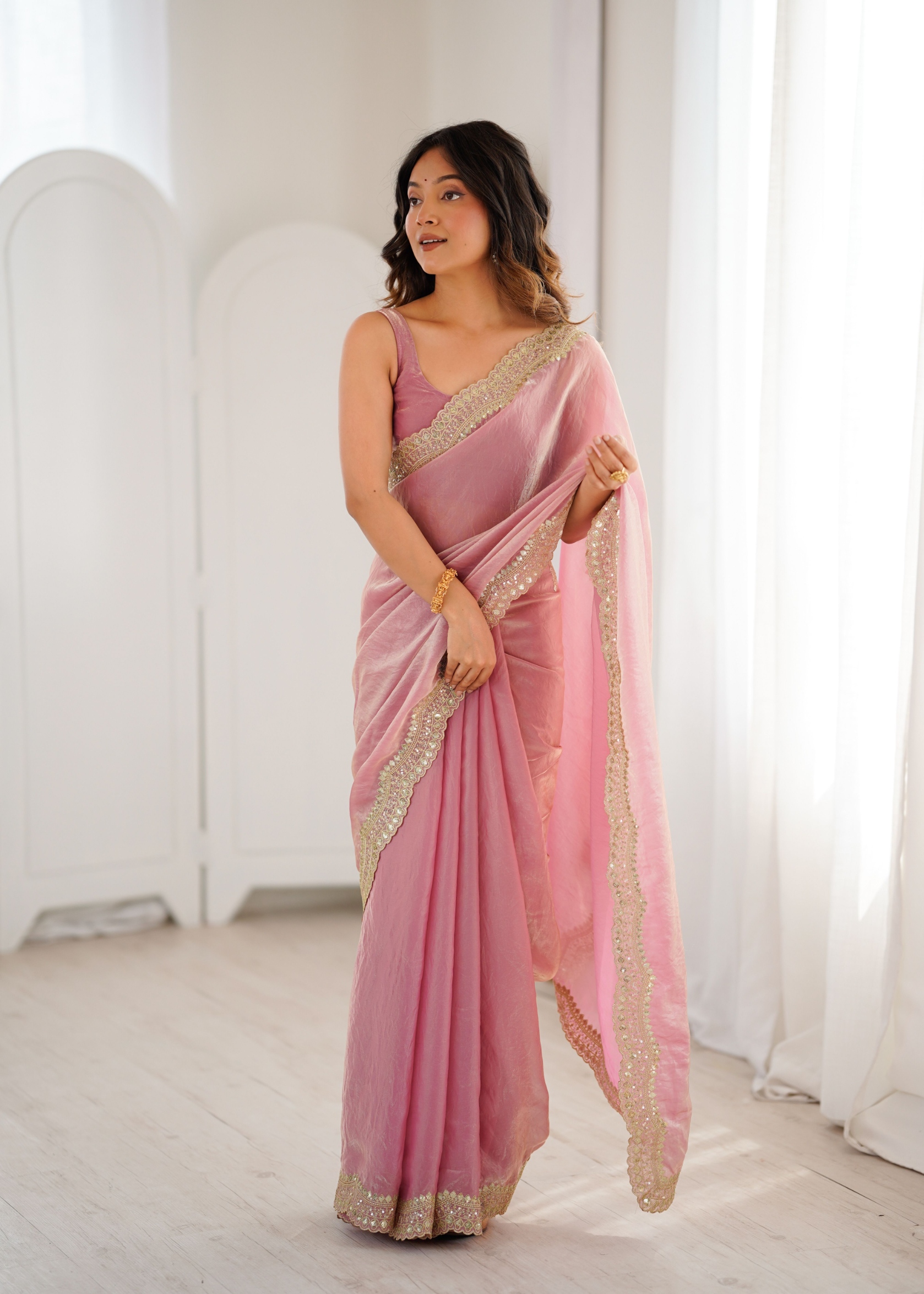 Pink Fendy Satin Silk Sequin Zari Embroidered Saree