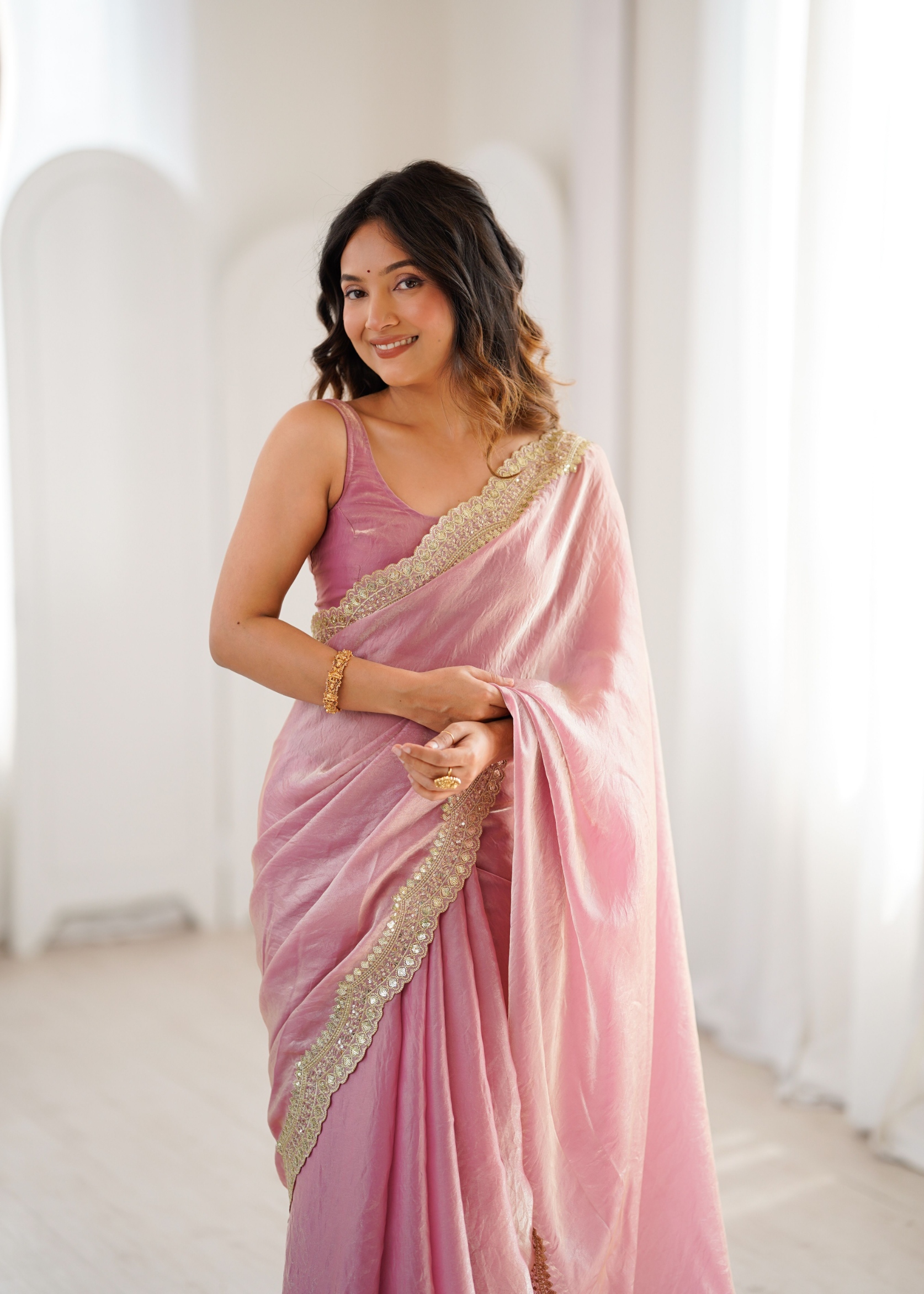 Pink Fendy Satin Silk Sequin Zari Embroidered Saree