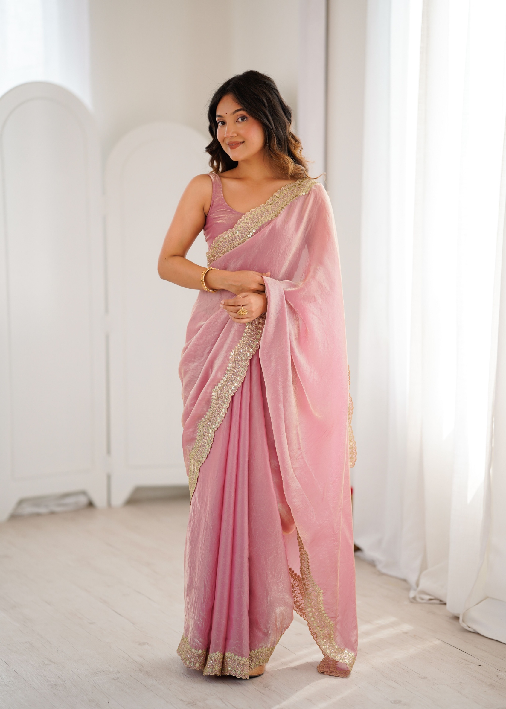 Pink Fendy Satin Silk Sequin Zari Embroidered Saree