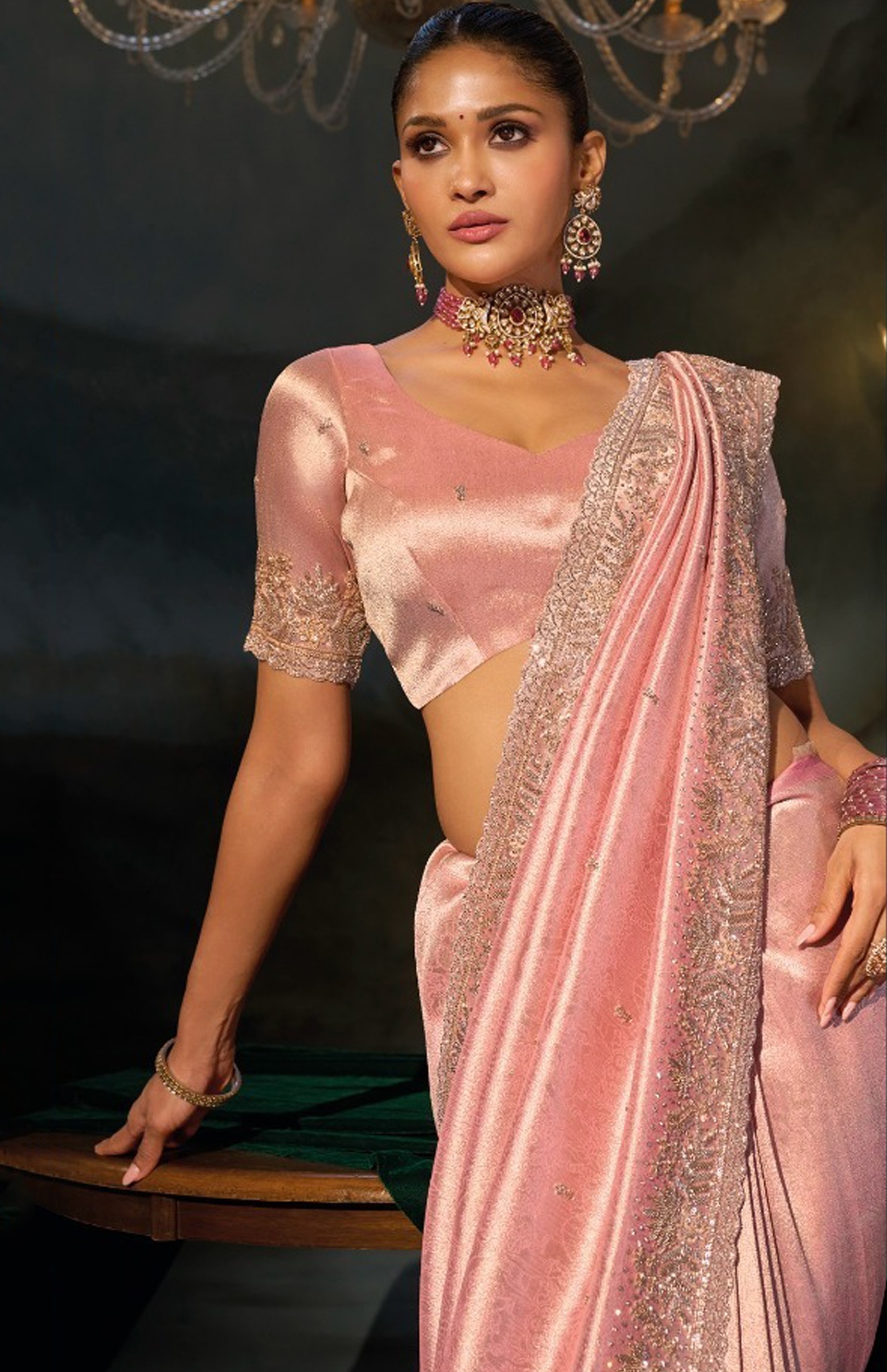 Pink Floral Bead Moti Madhuri Silk Saree — alternate view