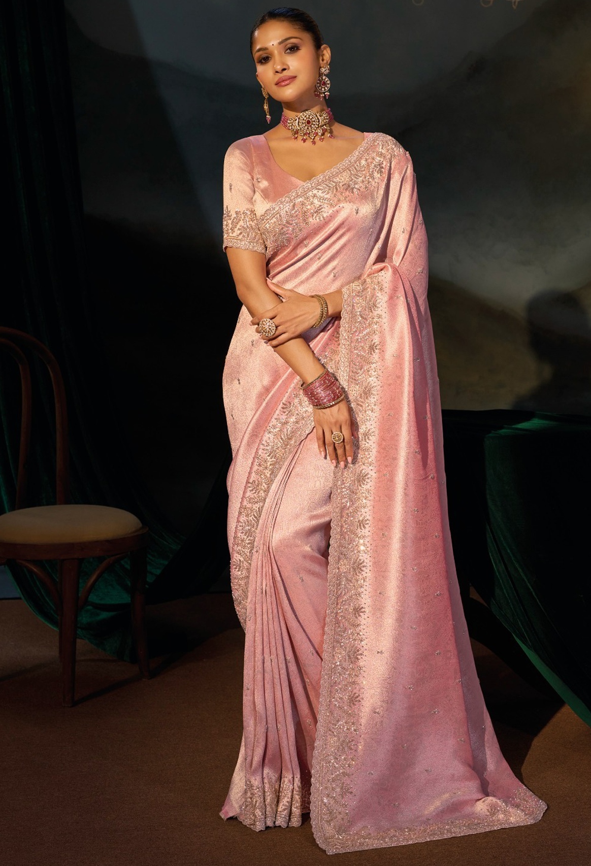 Pink Floral Bead Moti Madhuri Silk Saree